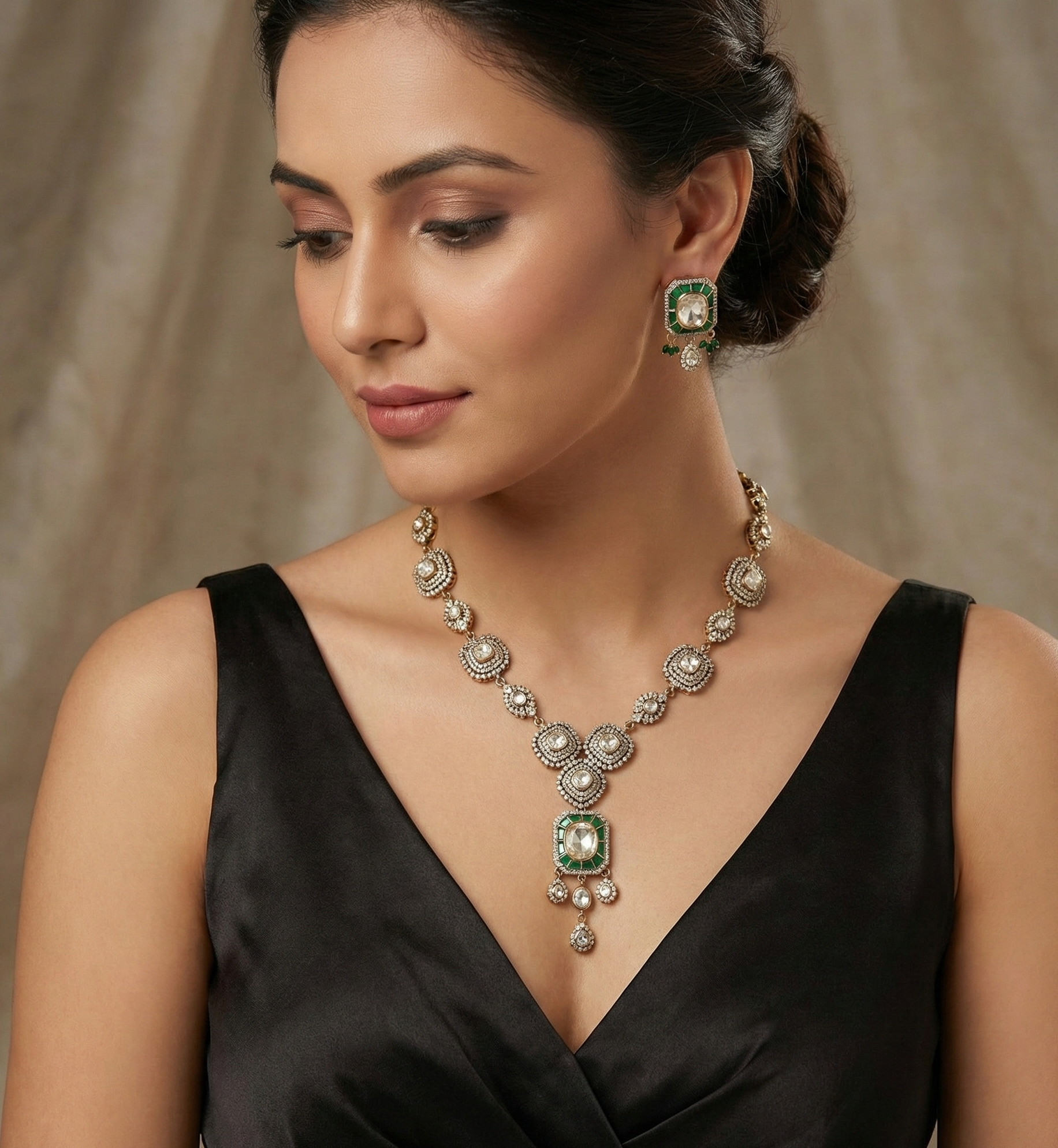 Kundan Polki Jadau Emerald Green Stone Necklace