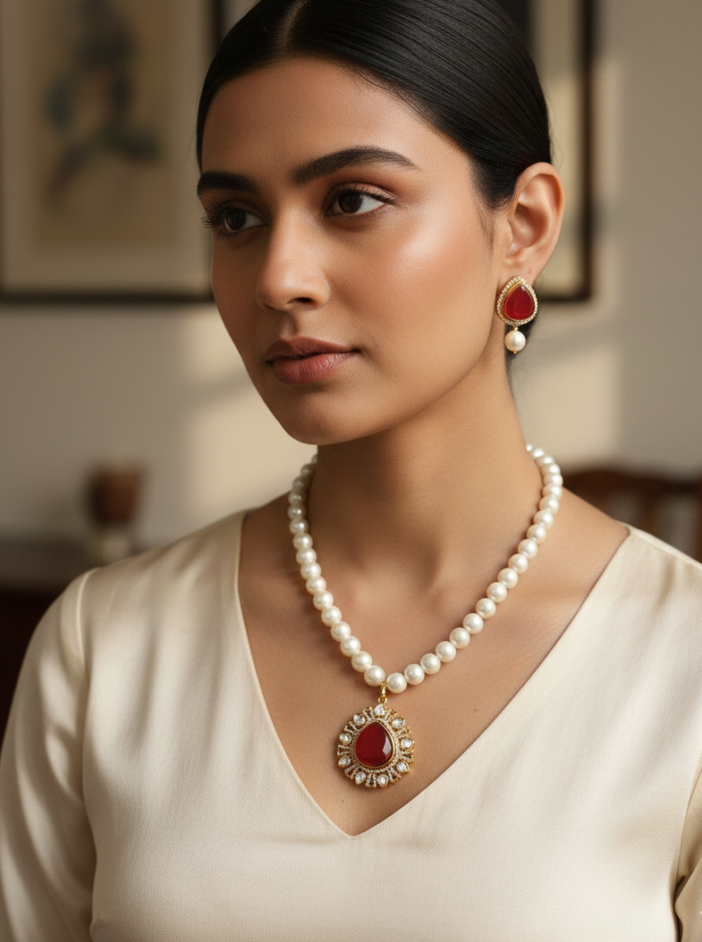 Ruby Stone Polki Drop Pearl Pendant Set