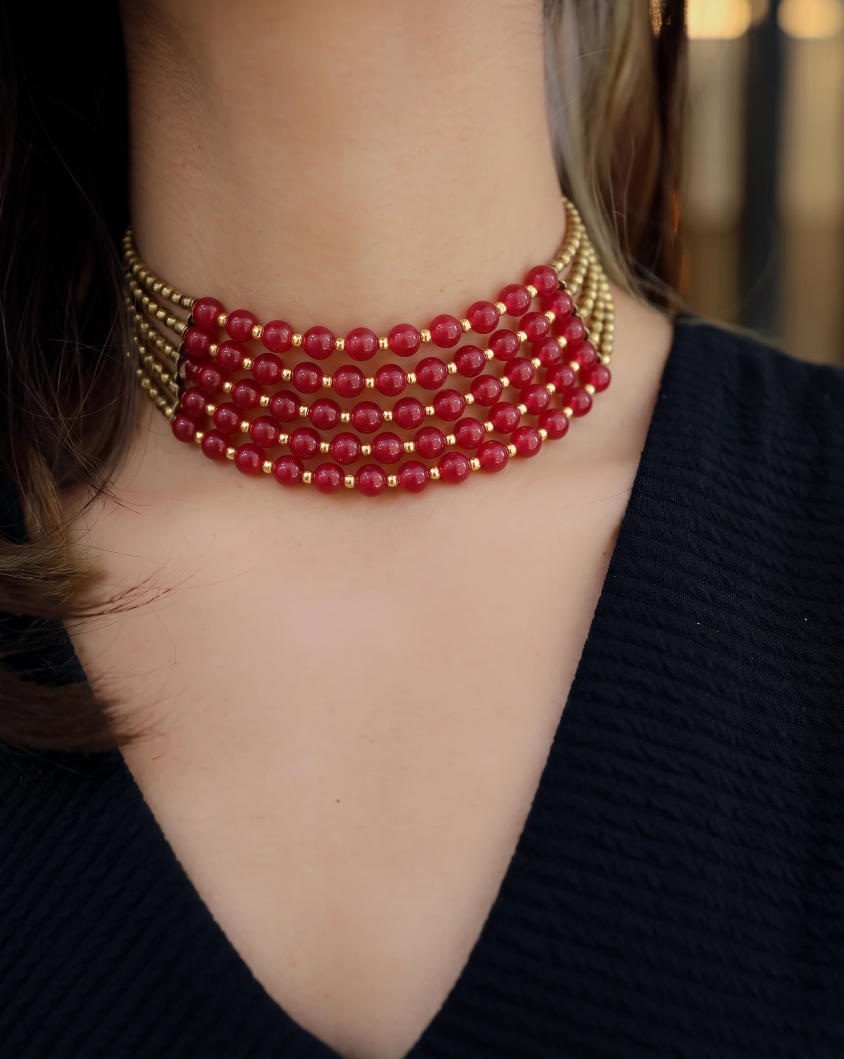 Shinal Red Beaded Choker Necklace