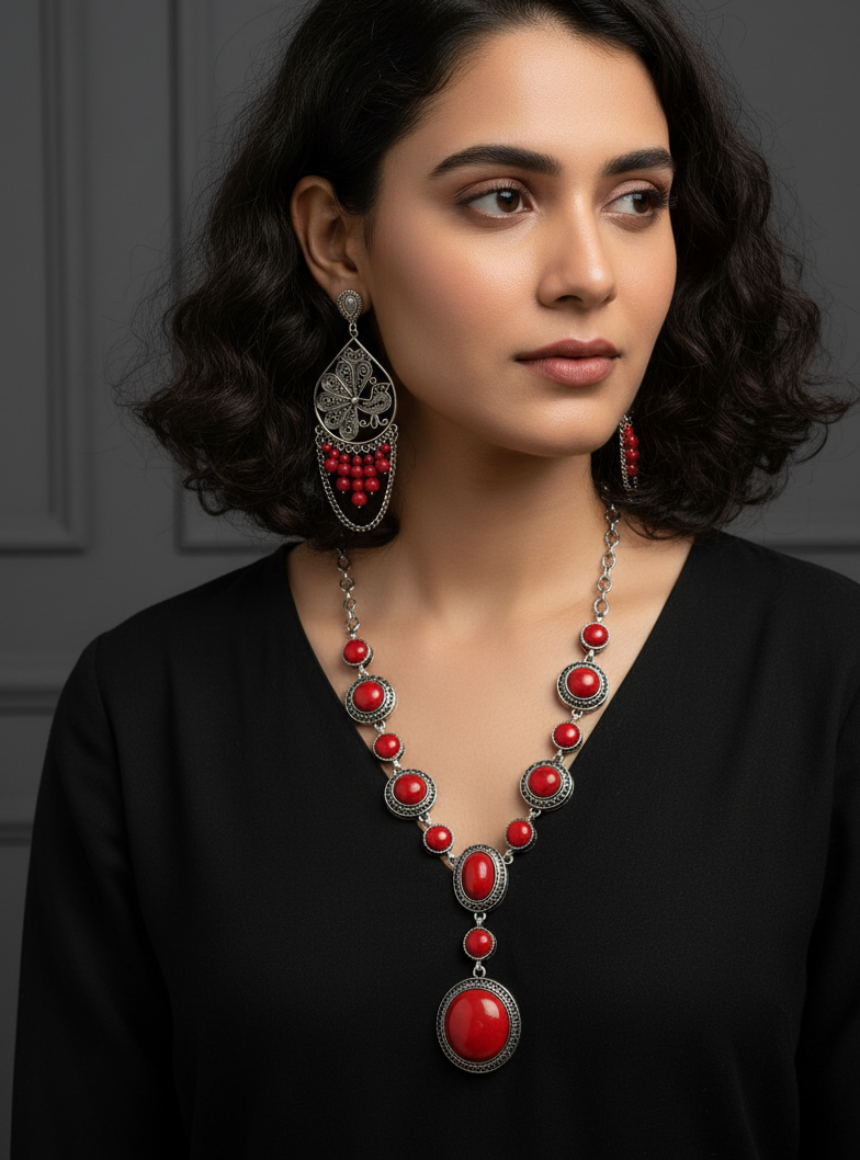 Red Stone Oxidised Silver Necklace With Earrings
