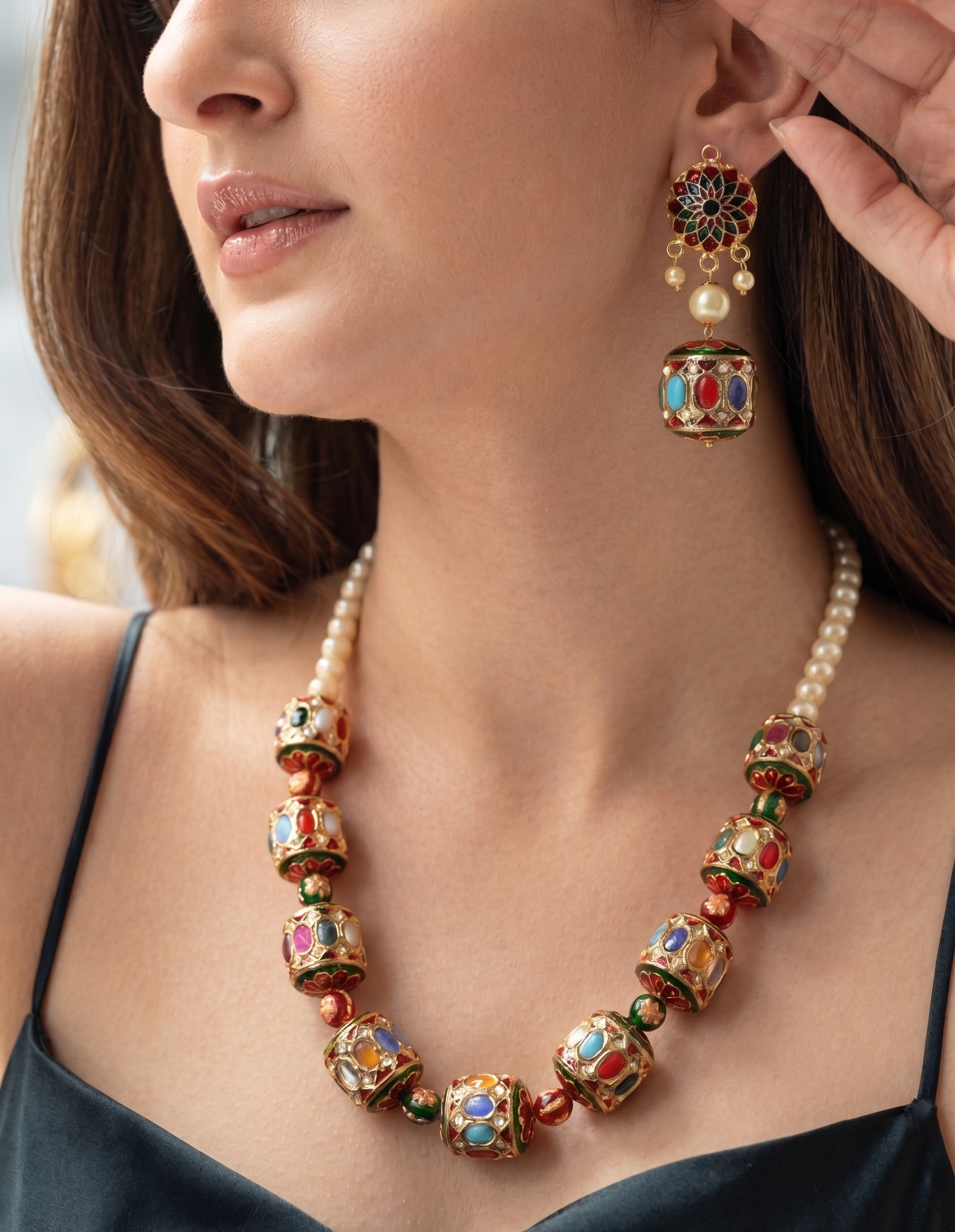 Navratana Jadau Beads Necklace With Earrings