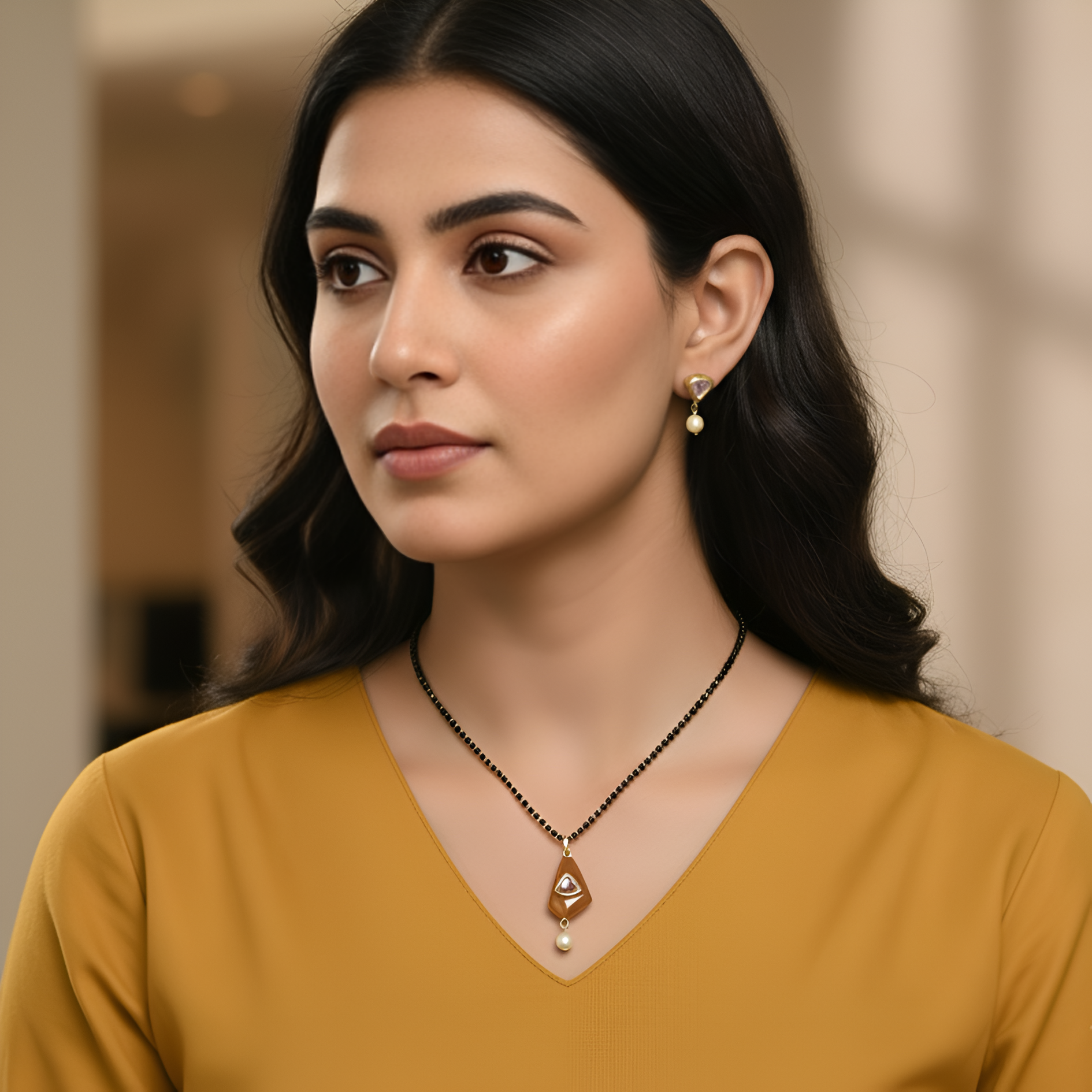 Yellow Stone Mangalsutra With Earrings