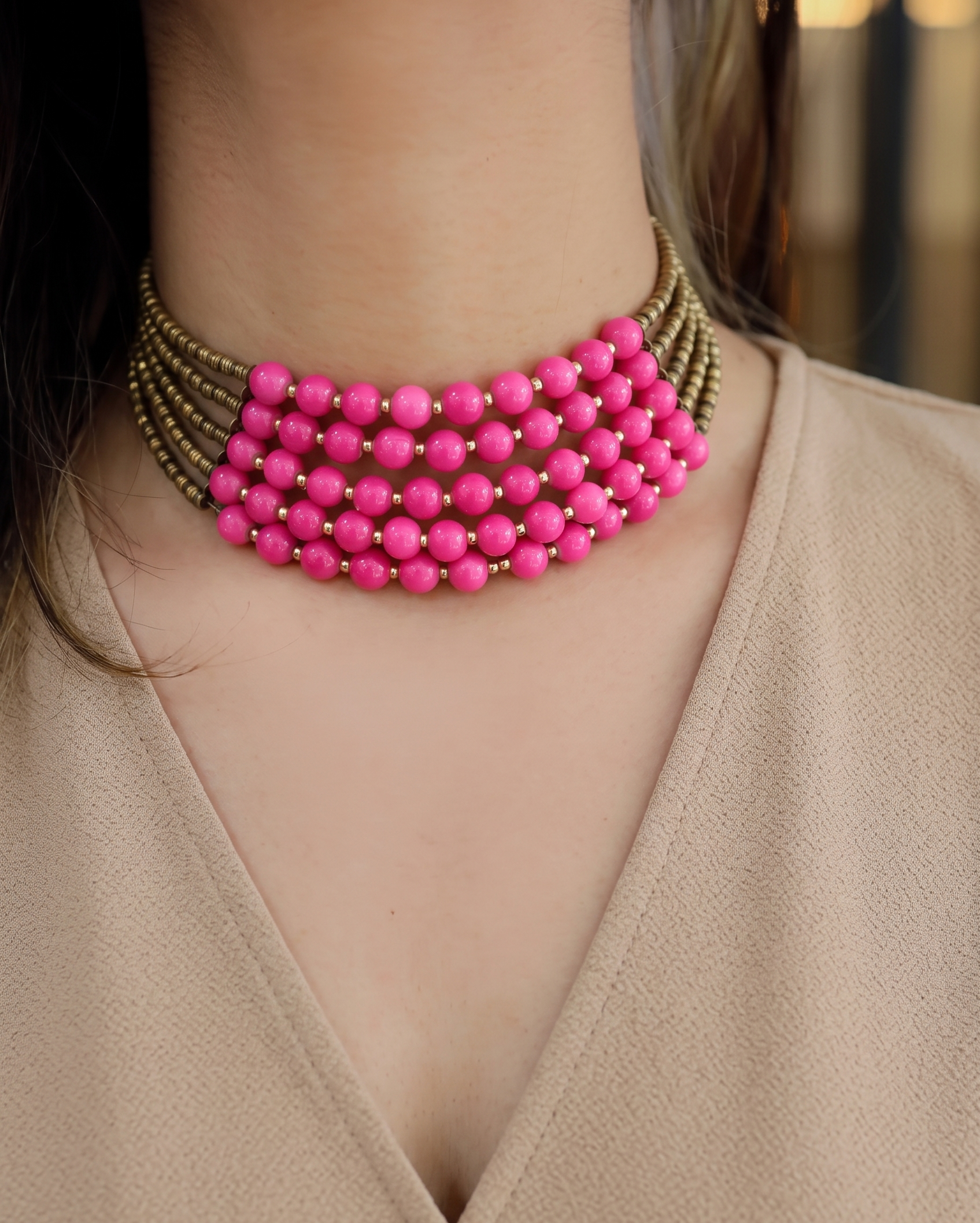 Rina Pink Beaded Choker Necklace
