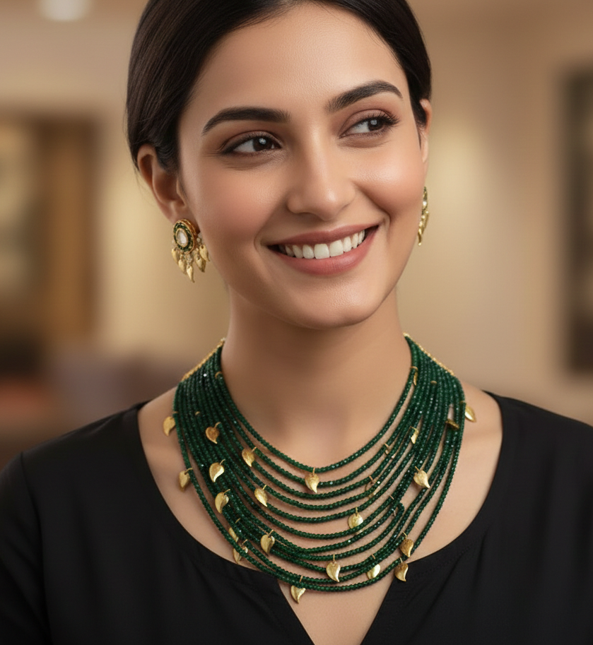 Green Beaded Golden Petals Necklace With Earrings