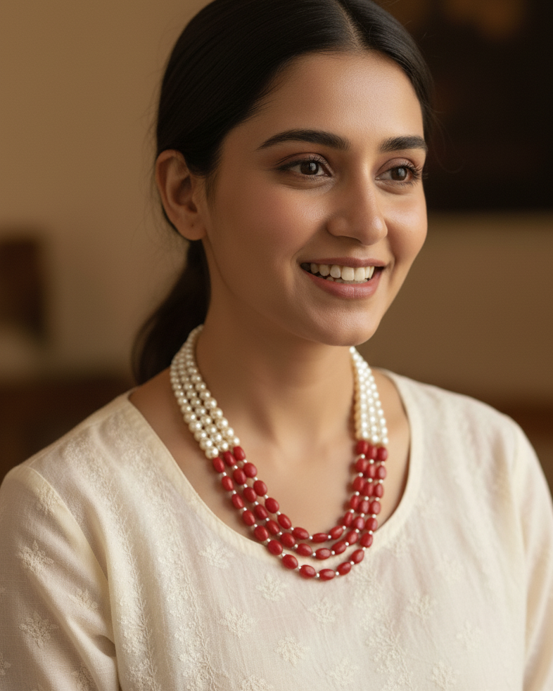 Pearl And Ruby Red Stone Bead Necklace