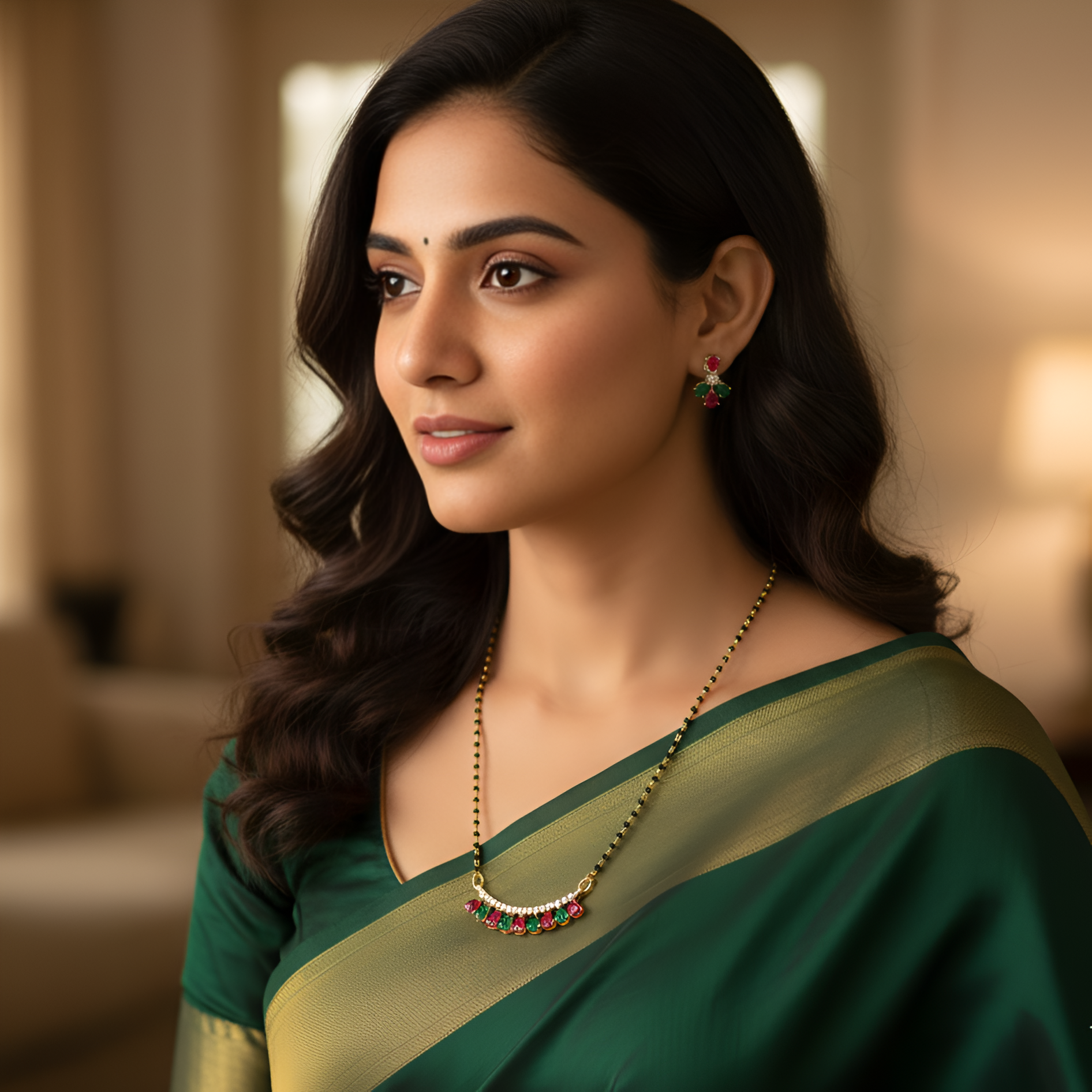 Red Green AD Stone Tear-Drop Mangalsutra With Earrings