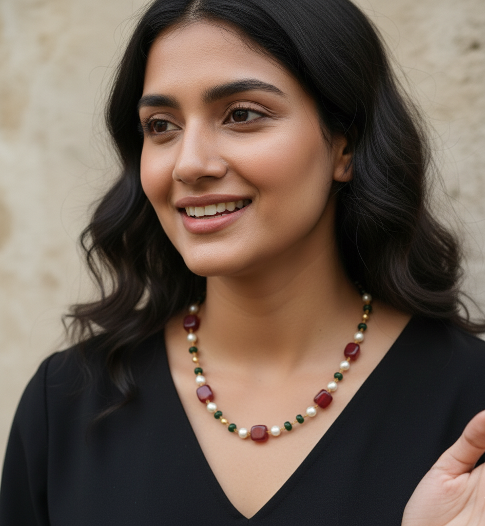 Maroon Green Stone Beads Necklace Mala
