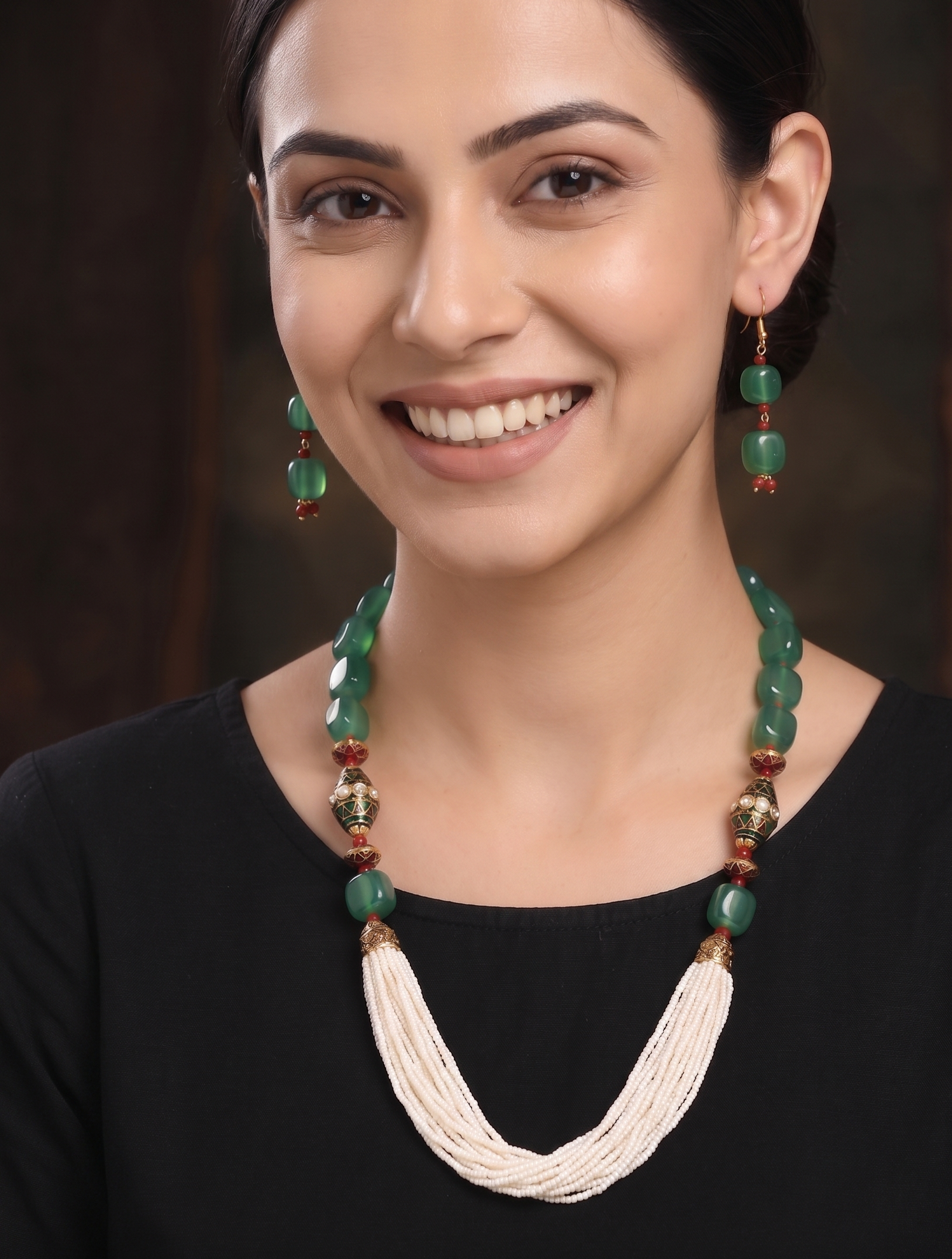 Green Meenakari Beads Pearl Seed Bead Necklace Set