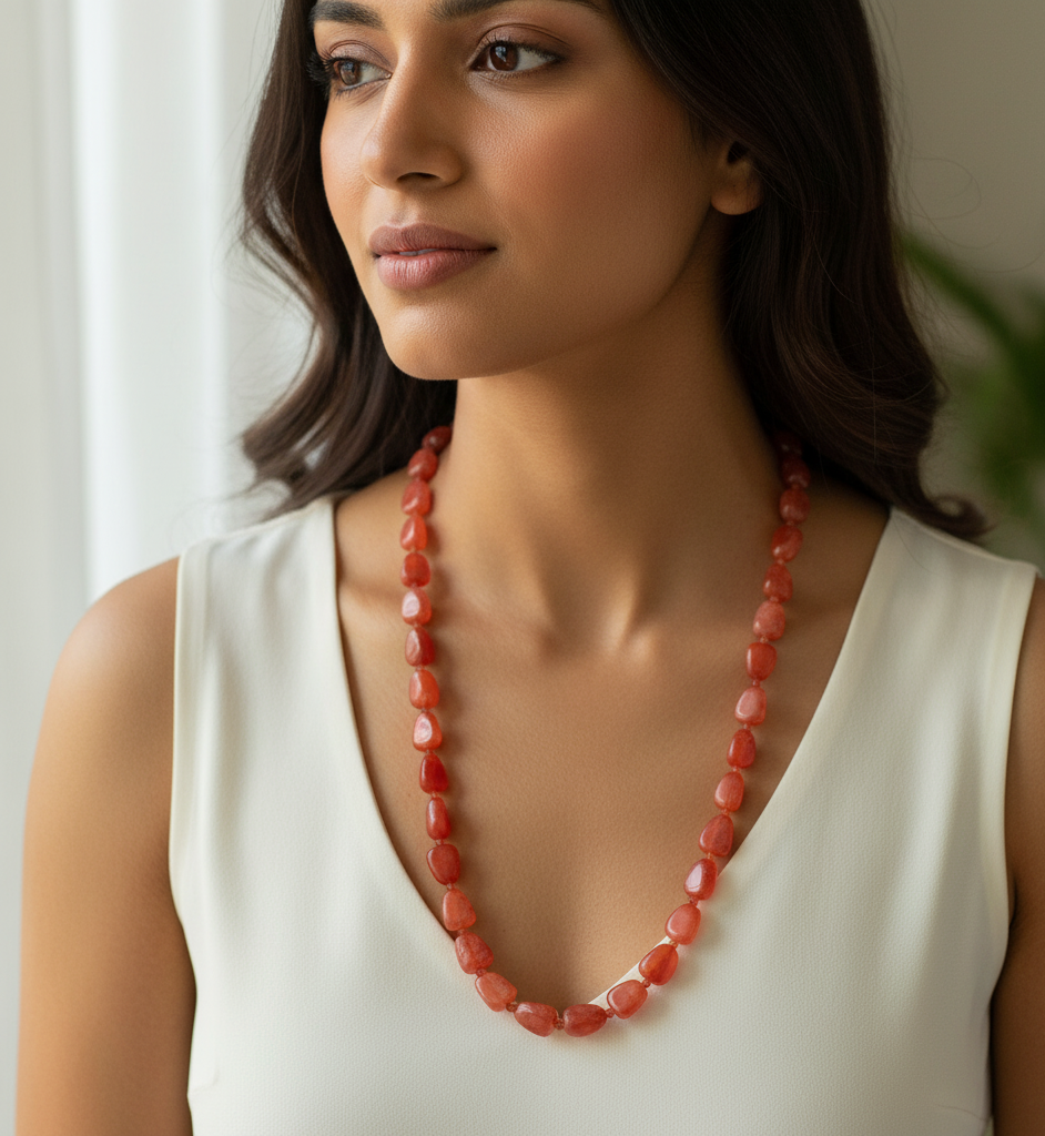 Orange Stone Beads Long Necklace