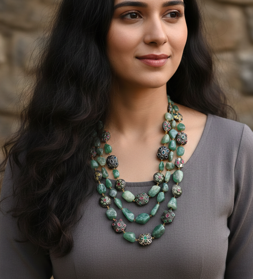 Emerald Semi Precious Stone Anitque Beaded Necklace