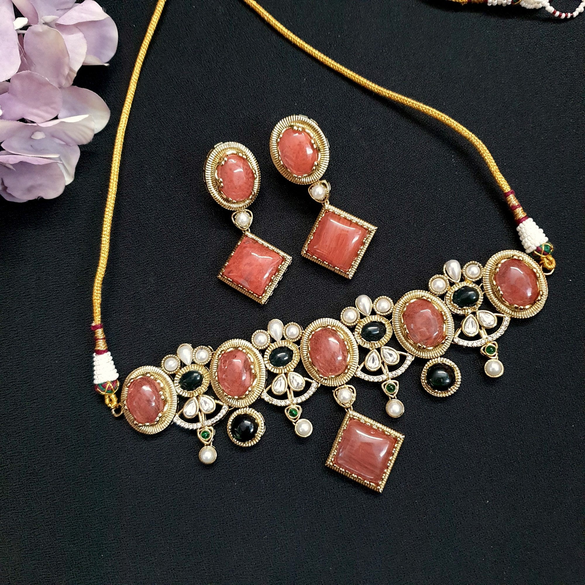 Gold Tone Peach Pink Designer Sabyasachi Inspired Choker Necklace