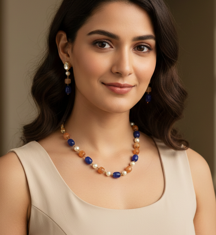 Blue Orange Stone Beads Pearl Long Mala