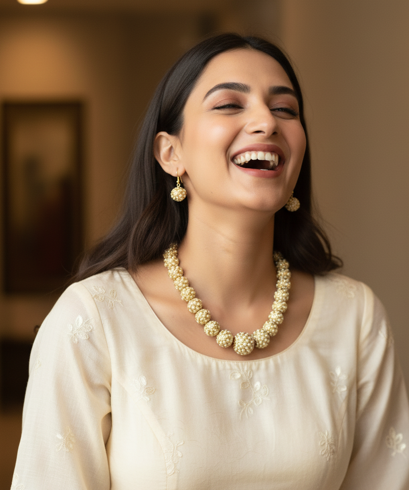 Gold Tone Jadau Pearl Necklace