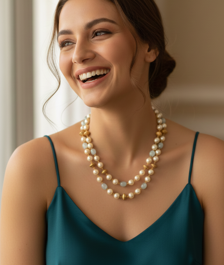 Light Green Stone and Pearl Beaded Necklace