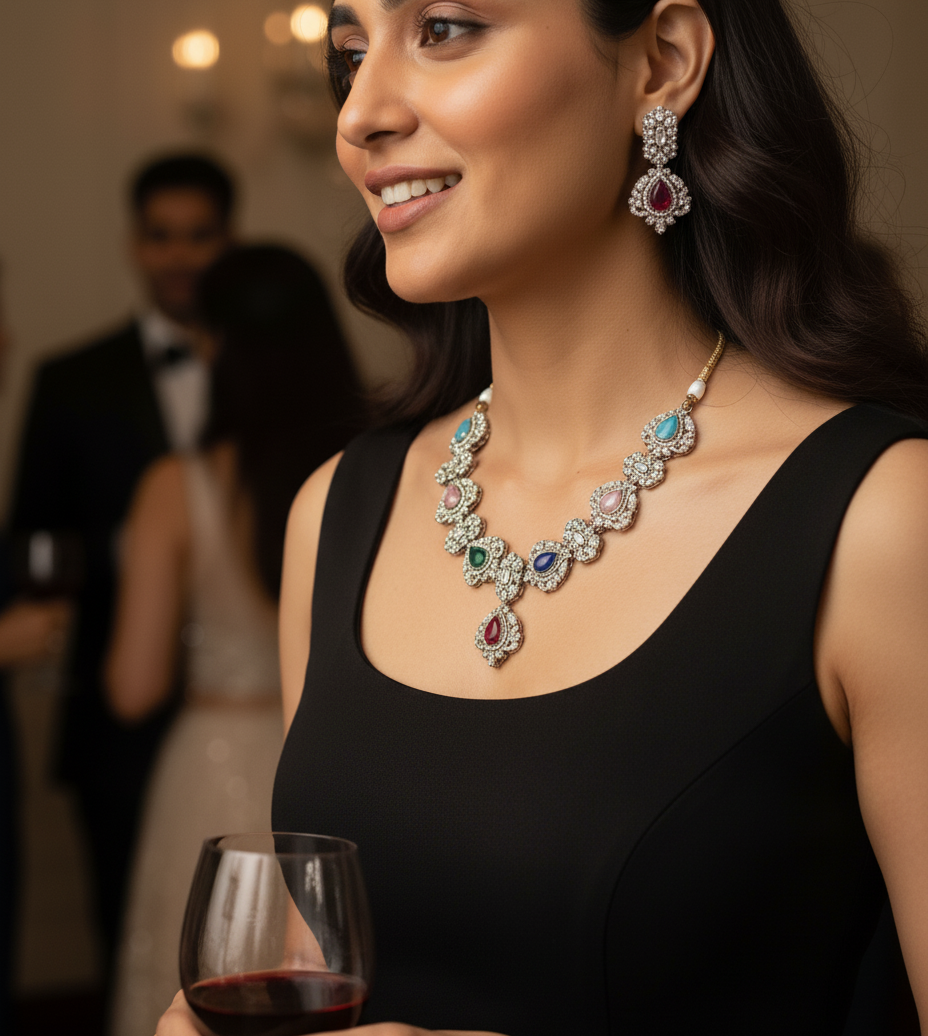Multicolor AD Polki Necklace Set With Earrings