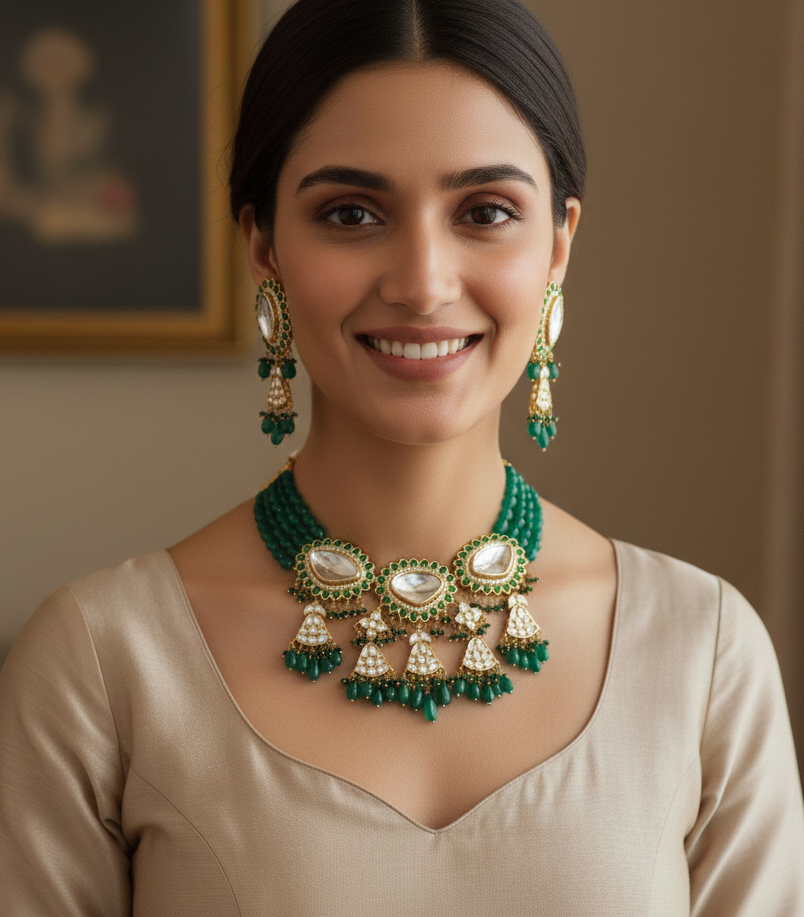 Kundan Polki Green Stone Beaded Necklace With Earrings