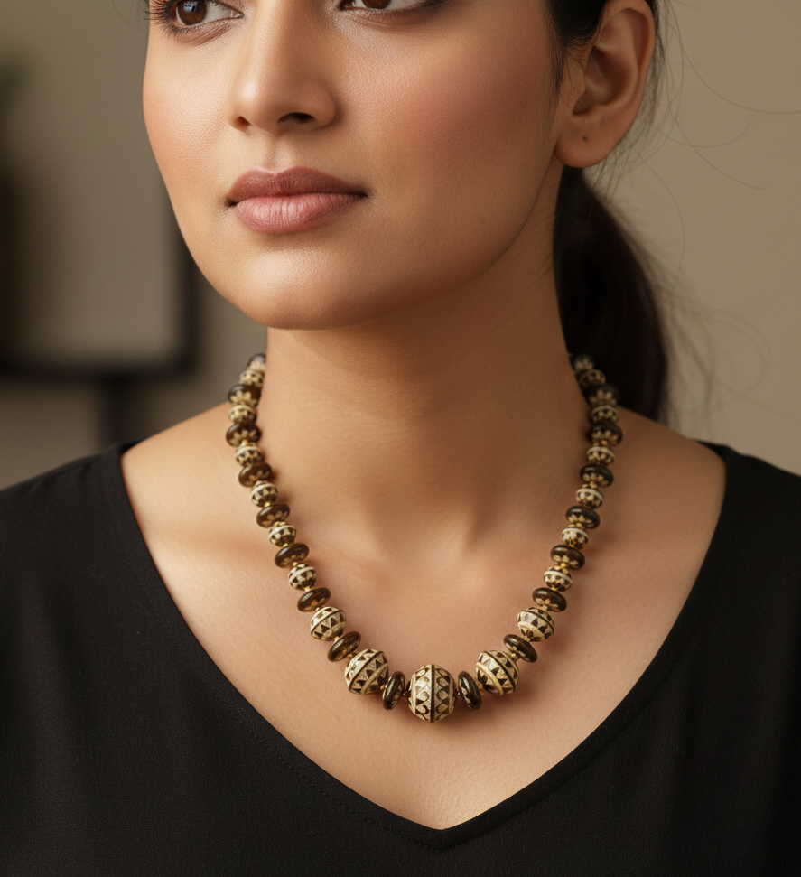 Golden Beige Beaded Meenakari Necklace