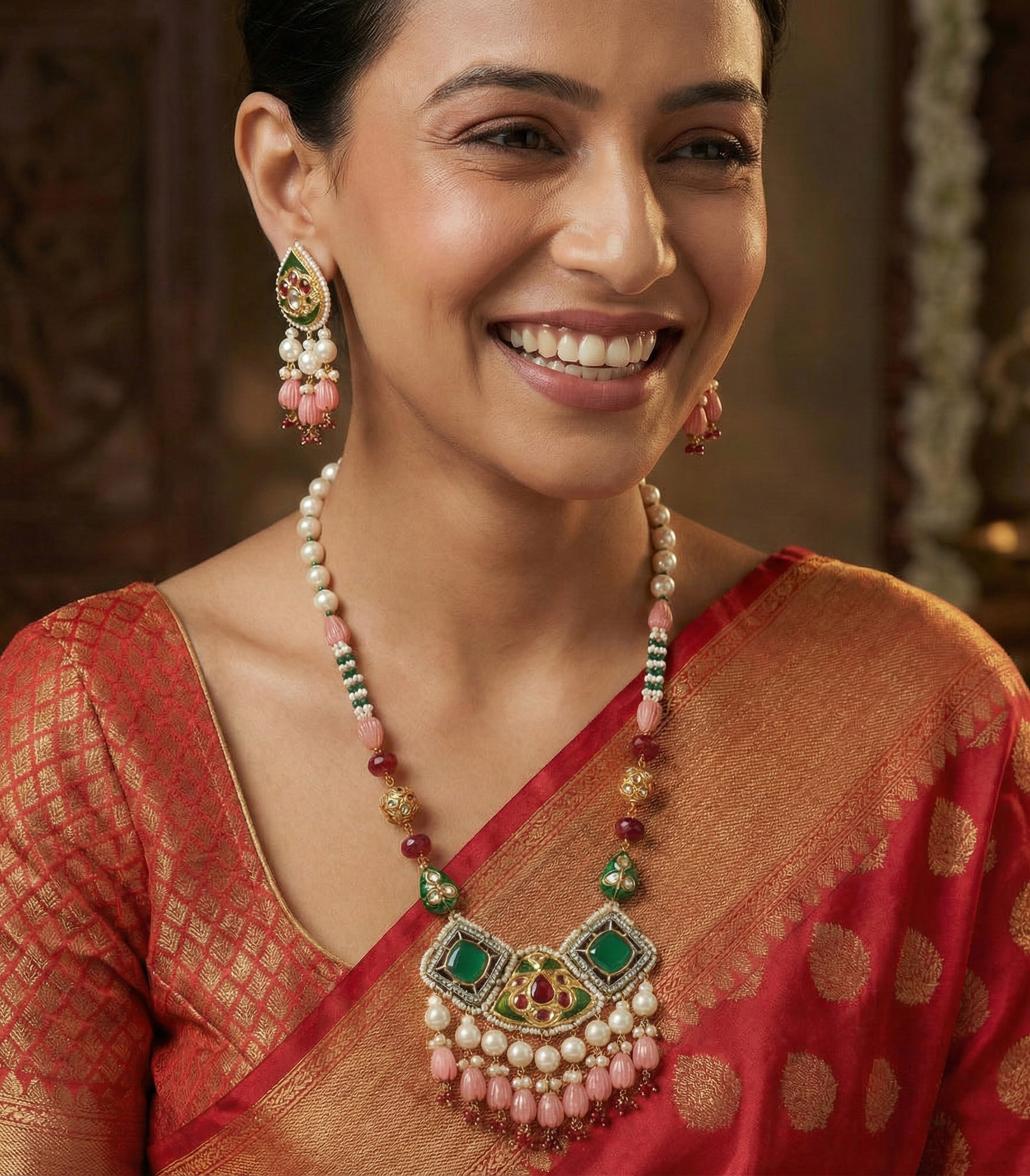 Jadau Fusion Pendant Necklace Set With Pearkl Beads