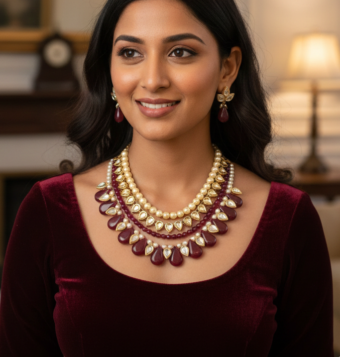 Ruby Red Kundan Necklace Set With Earrings