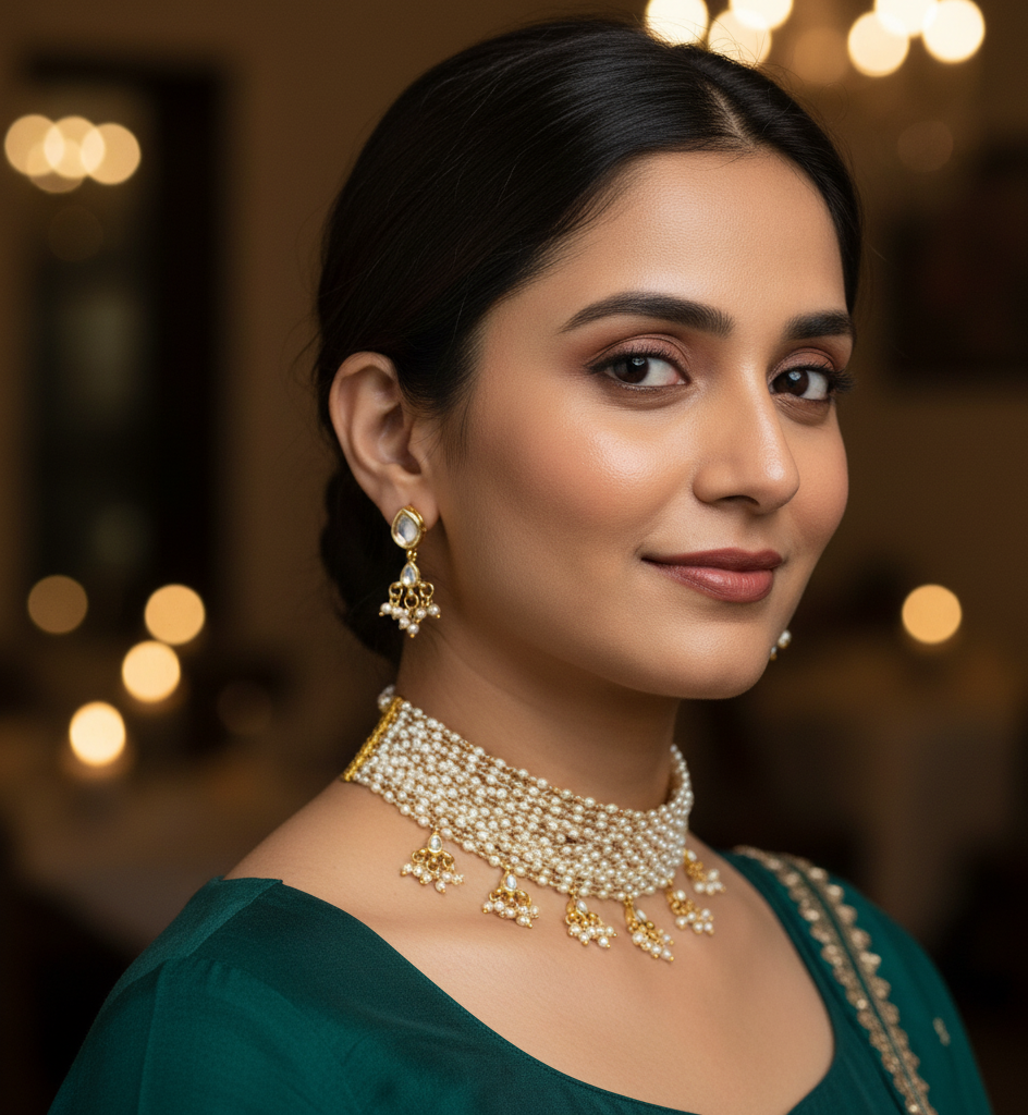 Pearl Kundan Choker Set With Earrings
