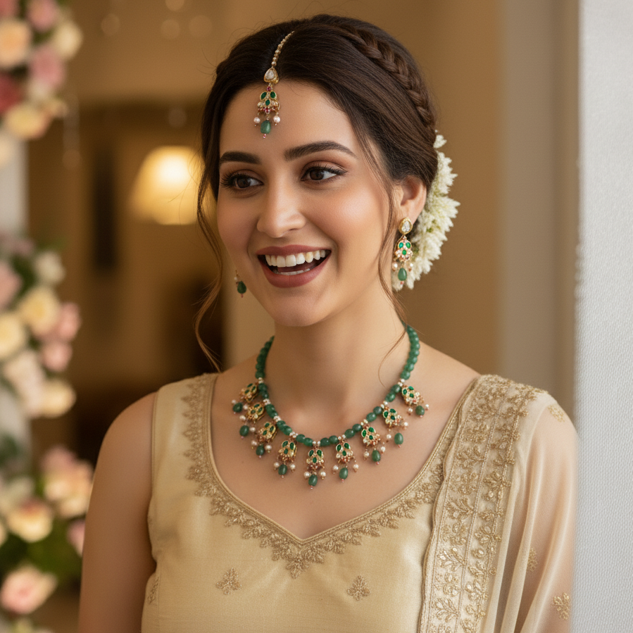 Green Stone Delicate Necklace With Earrings and Maang Tikka