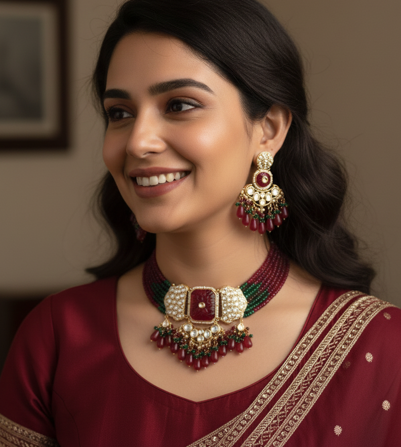 Ruby Kundan Polki Choker Necklace With Earrings