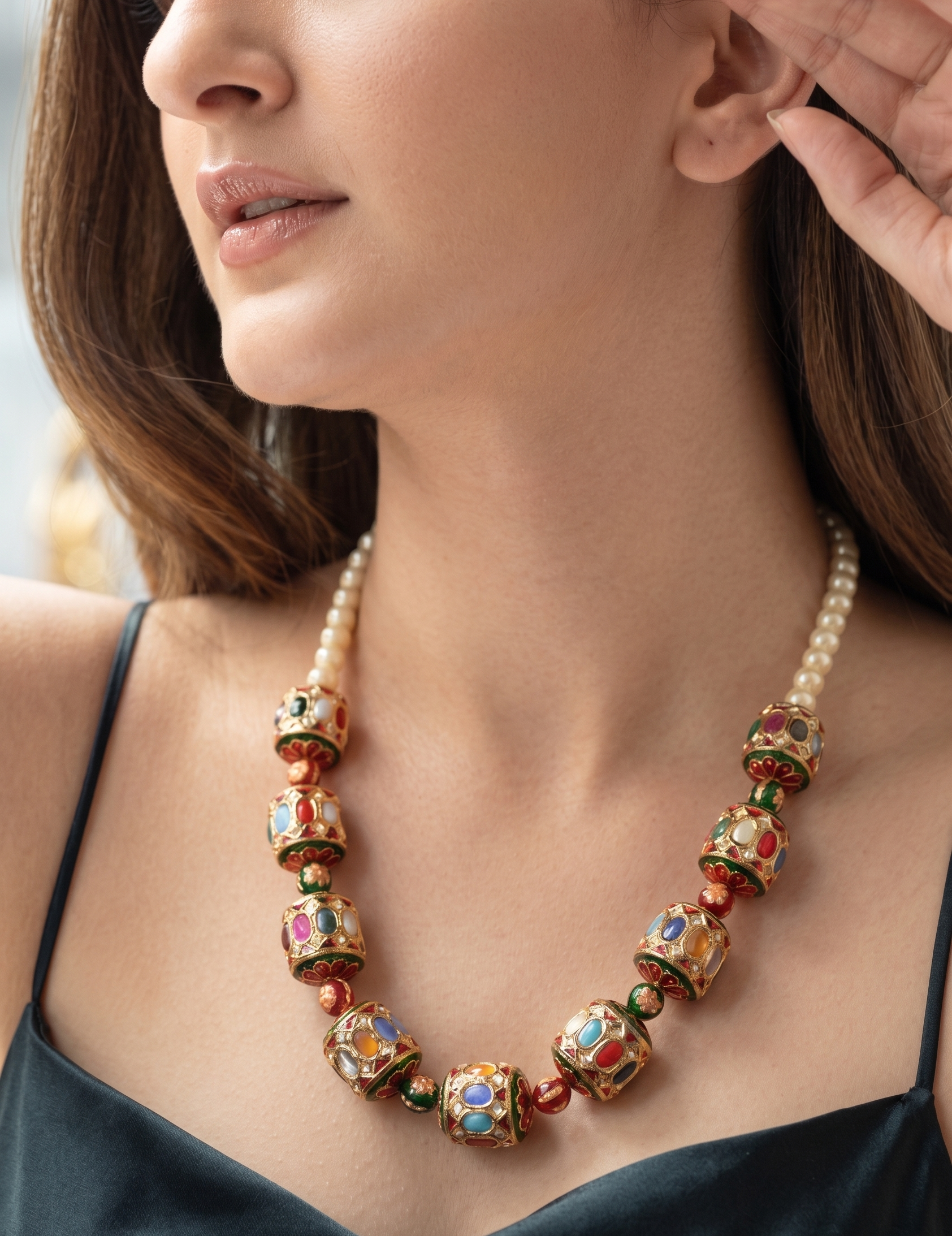 Navratana Jadau Beads Necklace With Earrings
