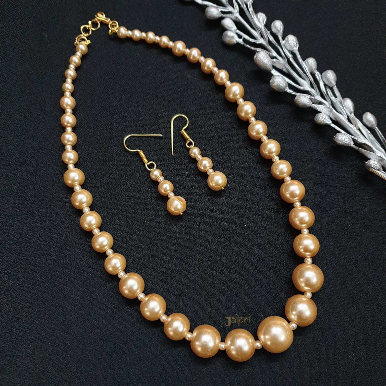 Off-White Pearl Beads Stone Necklace With Earrings