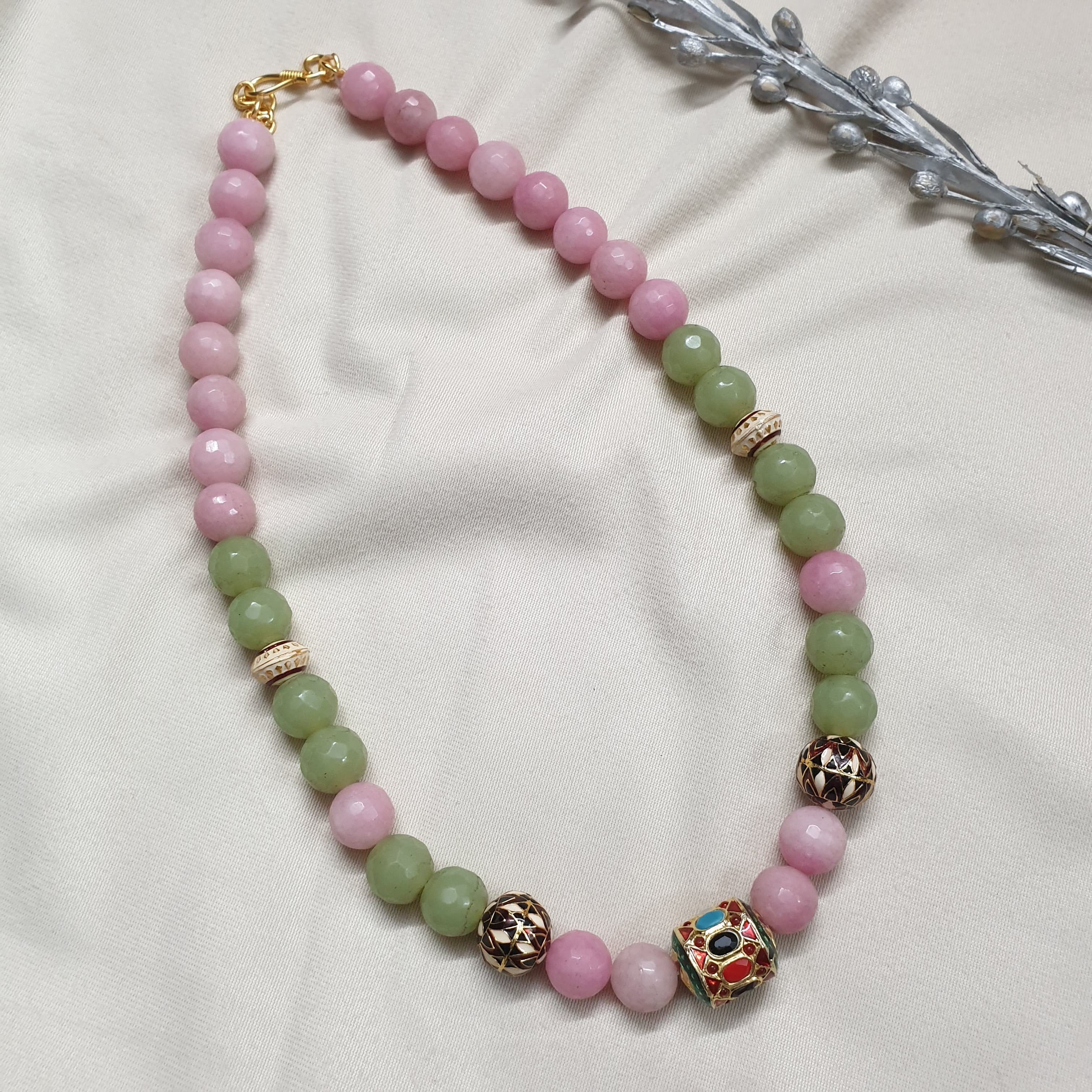 Baby Pink and Green Beads Stone Meenakari Necklace