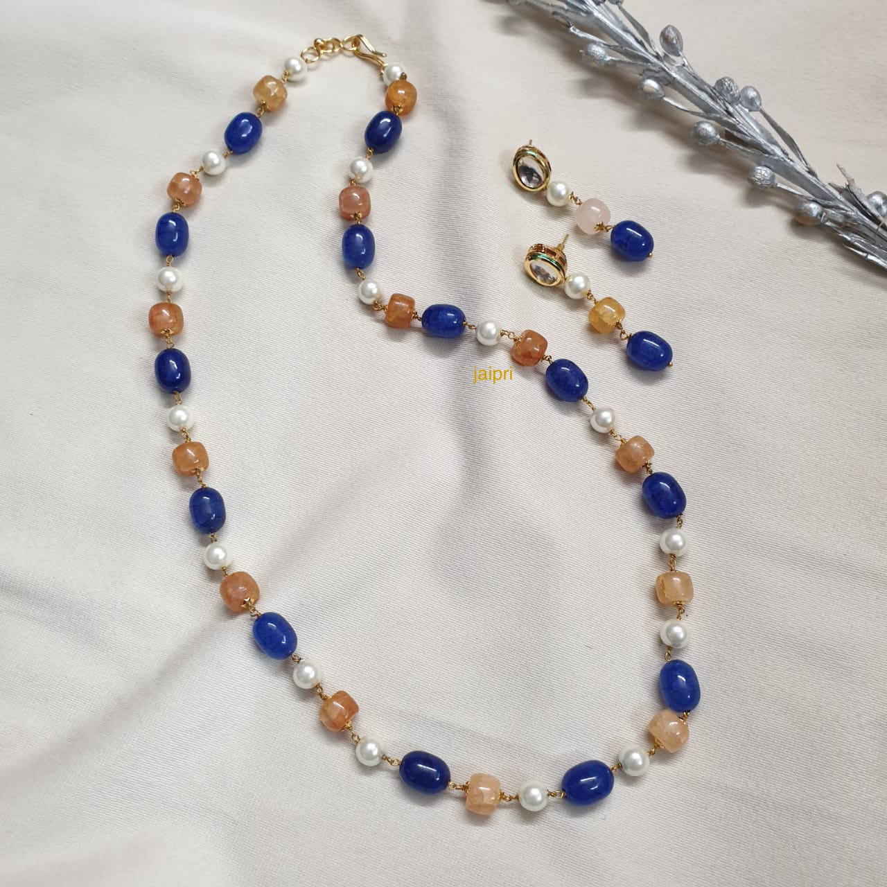 Blue Orange Stone Beads Pearl Long Mala