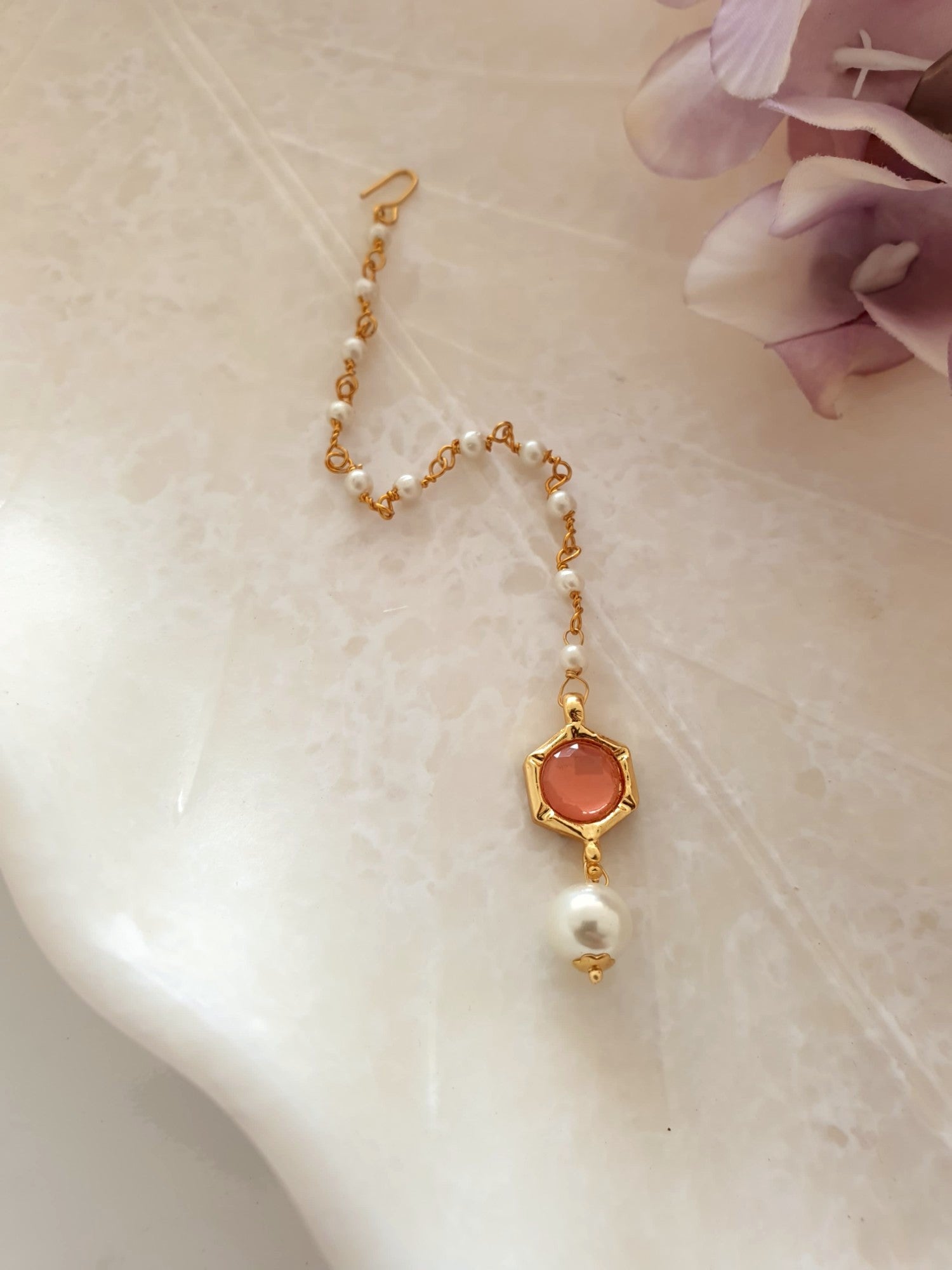 Orange Stone Meenakari Pearl Beaded Maang Tikka