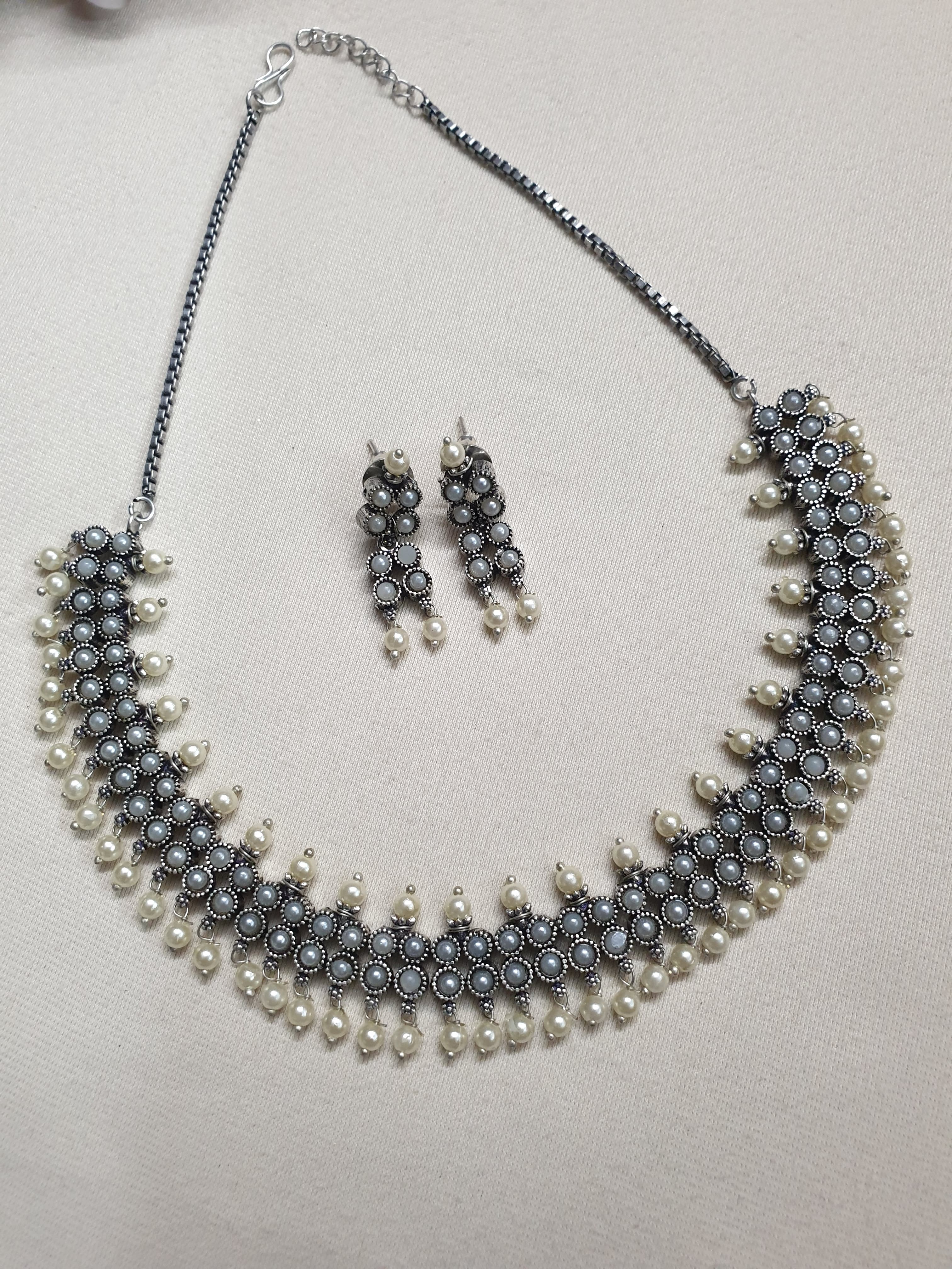 Oxidised Silver Pearl Delicate Necklace With Earrings