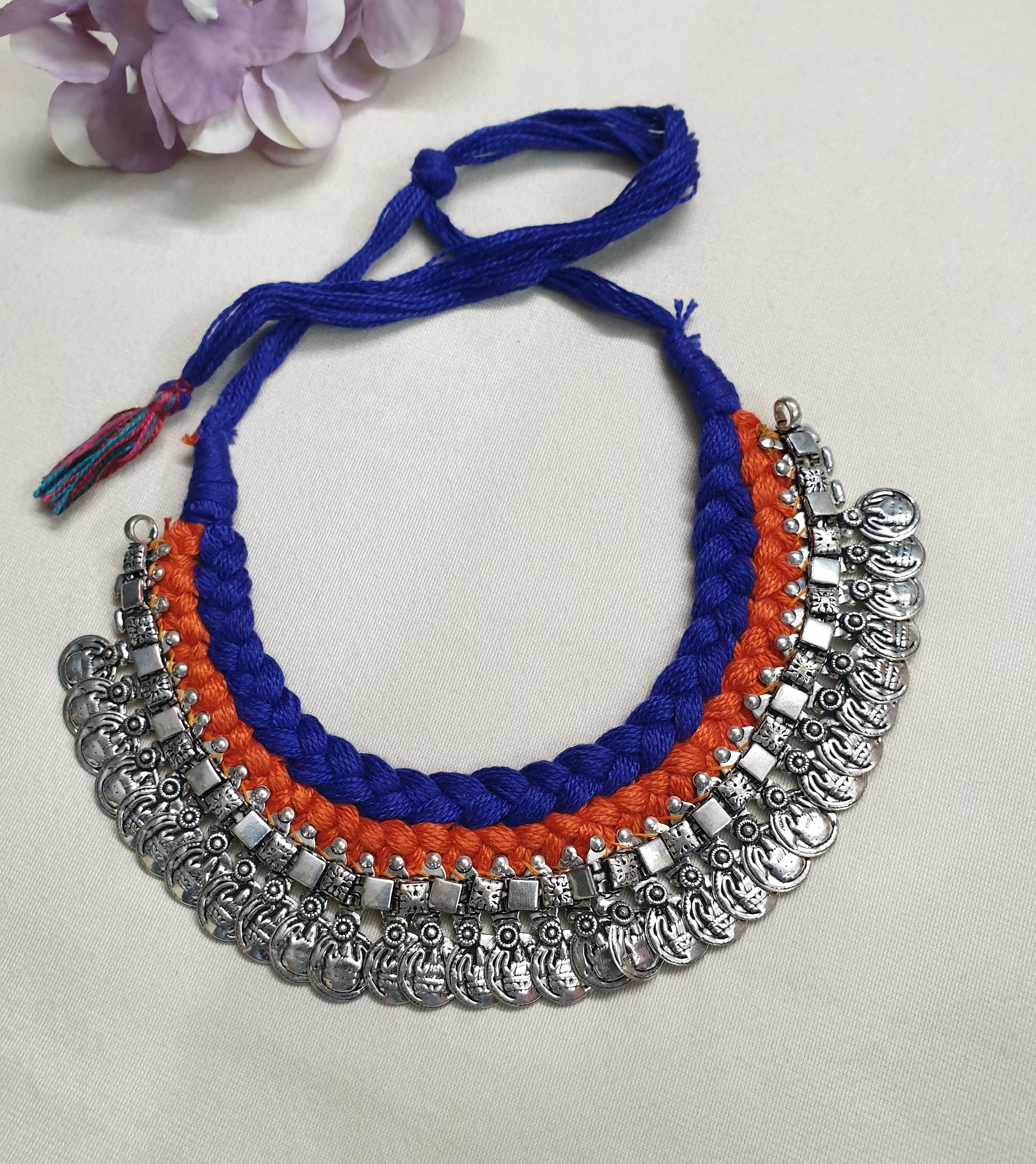 Oxidised Silver Orange Blue Thread Necklace