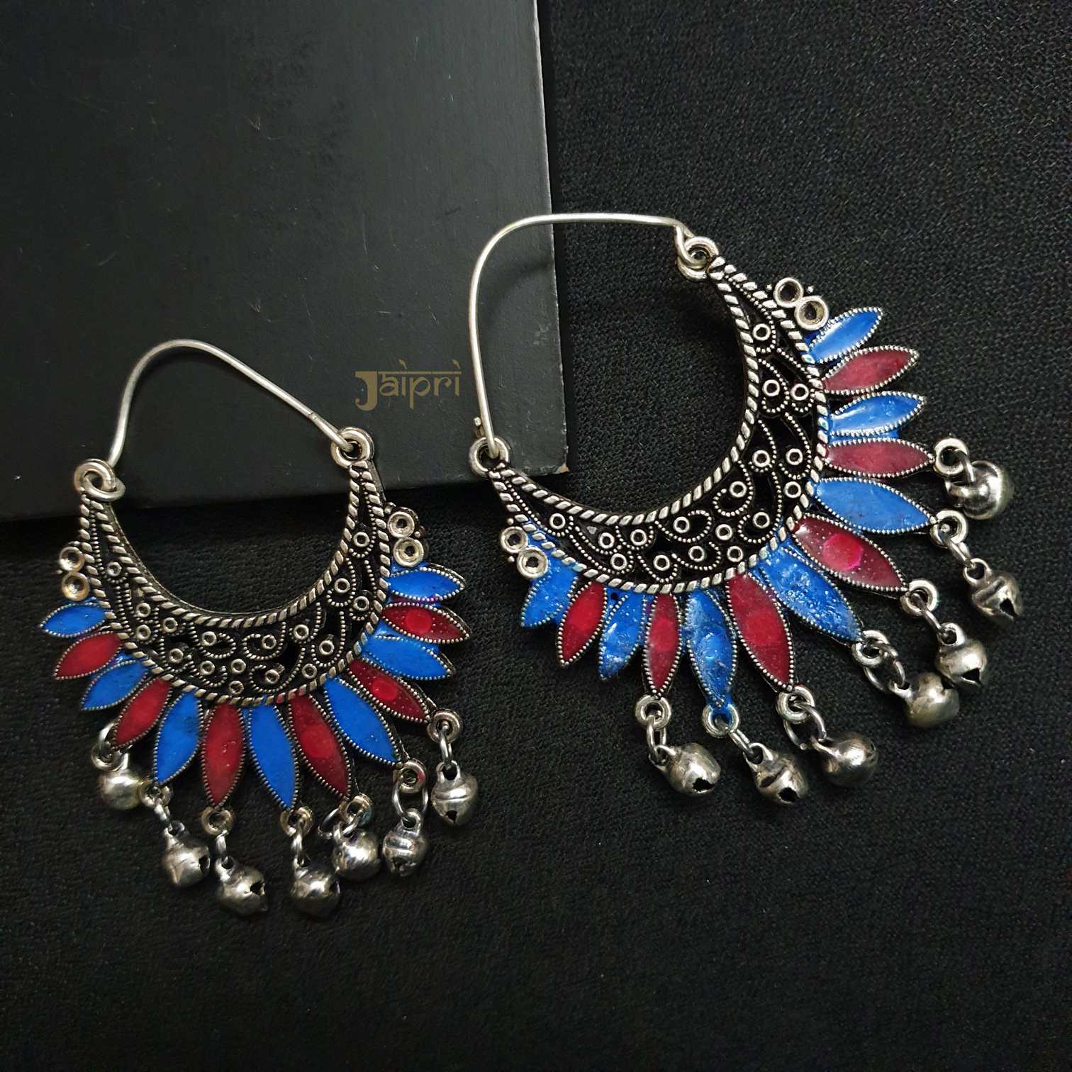Blue & Red Oxidized Chandbali Hoops Earrings