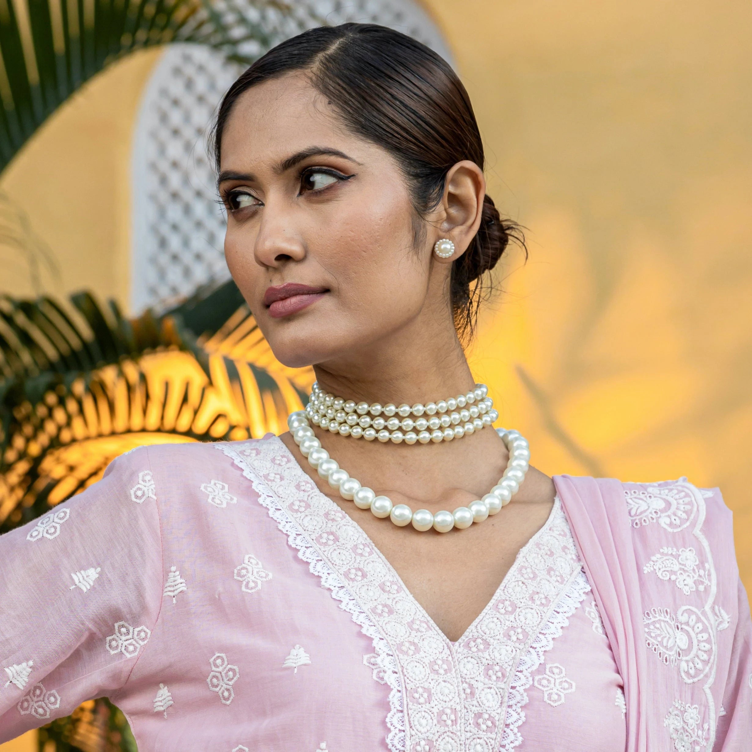 Three Layered Pearl Choker with Pearl Necklace and Earrings