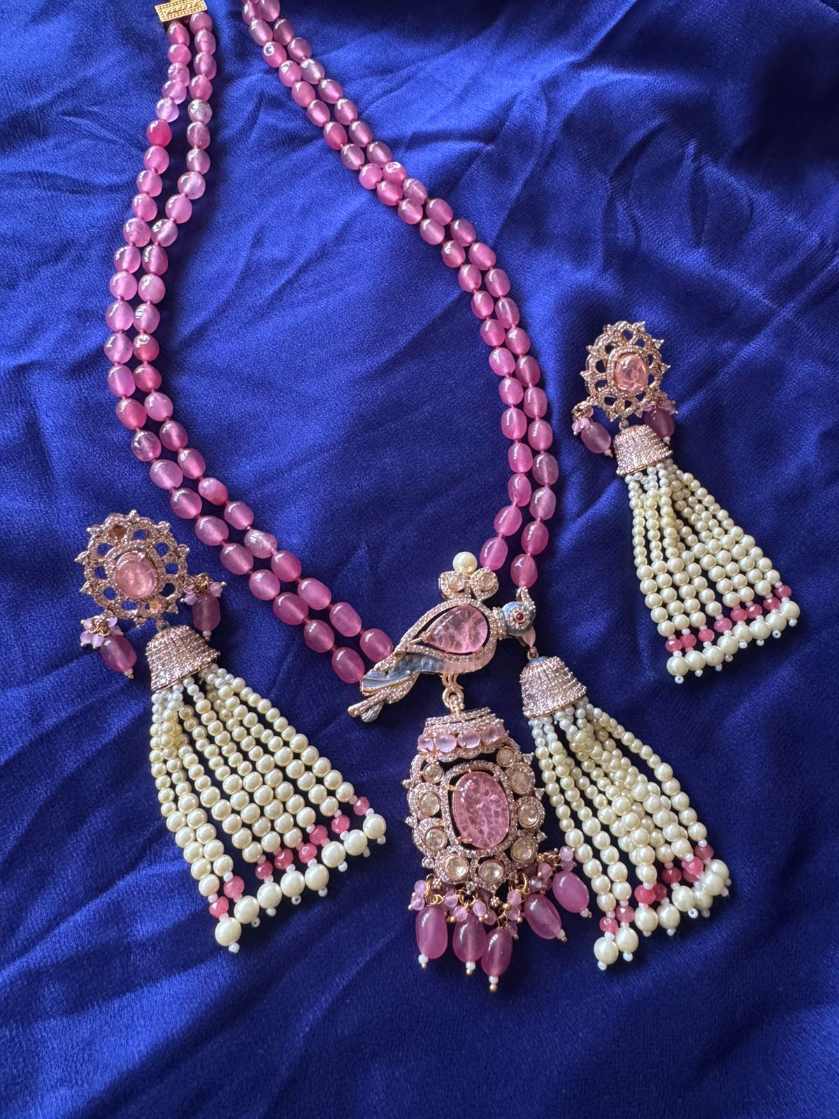 Pink Stone Kundan Polki Bird Pendant Set