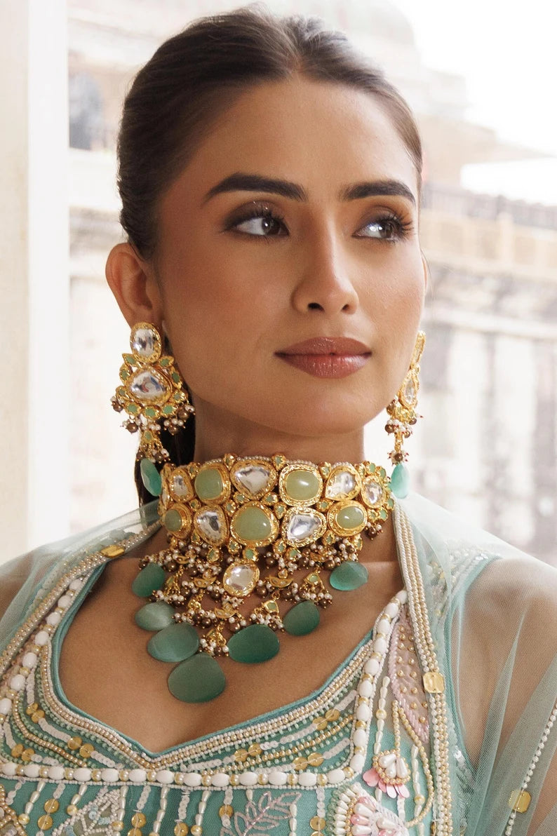 Green Kundan Polki Bridal Necklace Set With Earrings and Maang Tikka