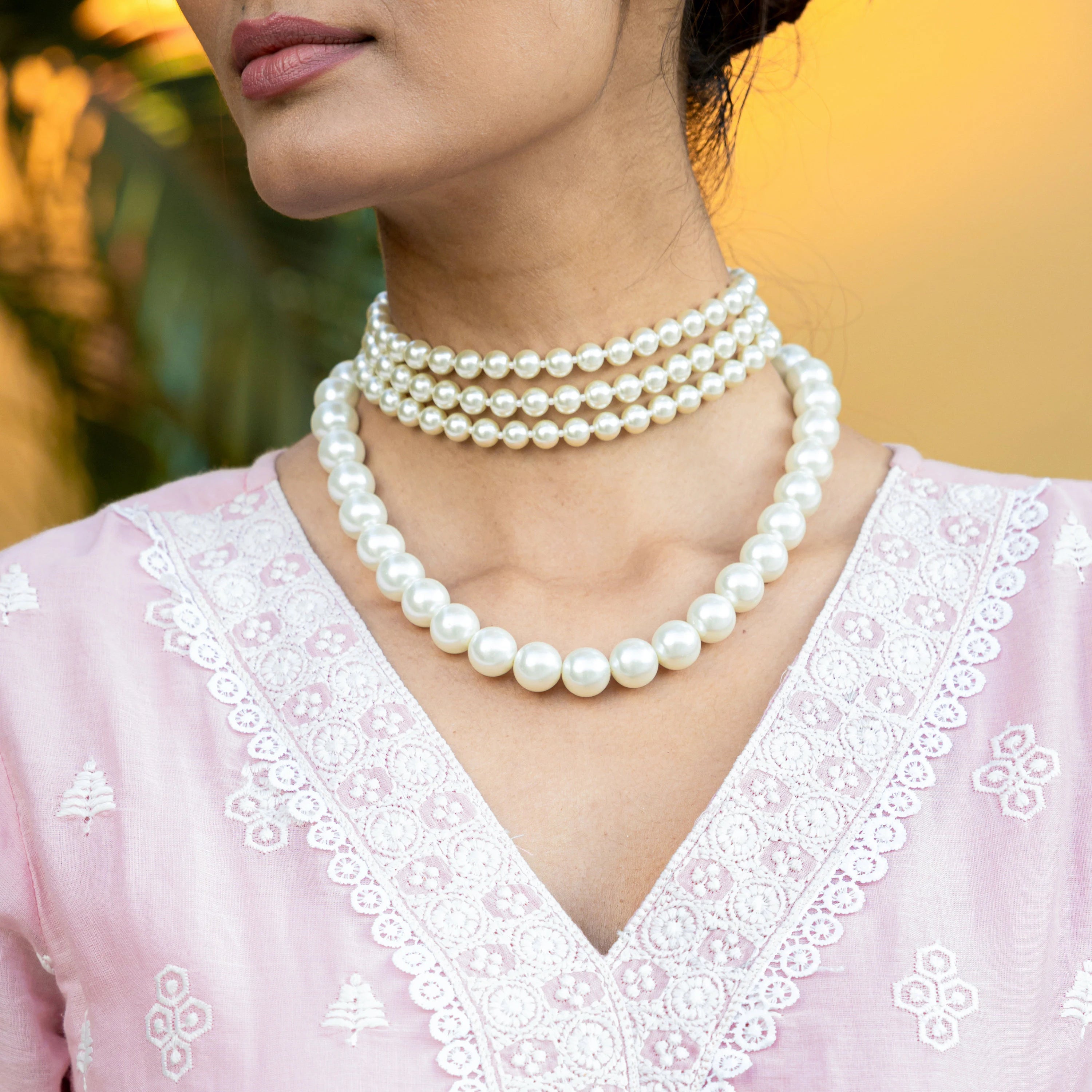 Three Layered Pearl Choker with Pearl Necklace and Earrings