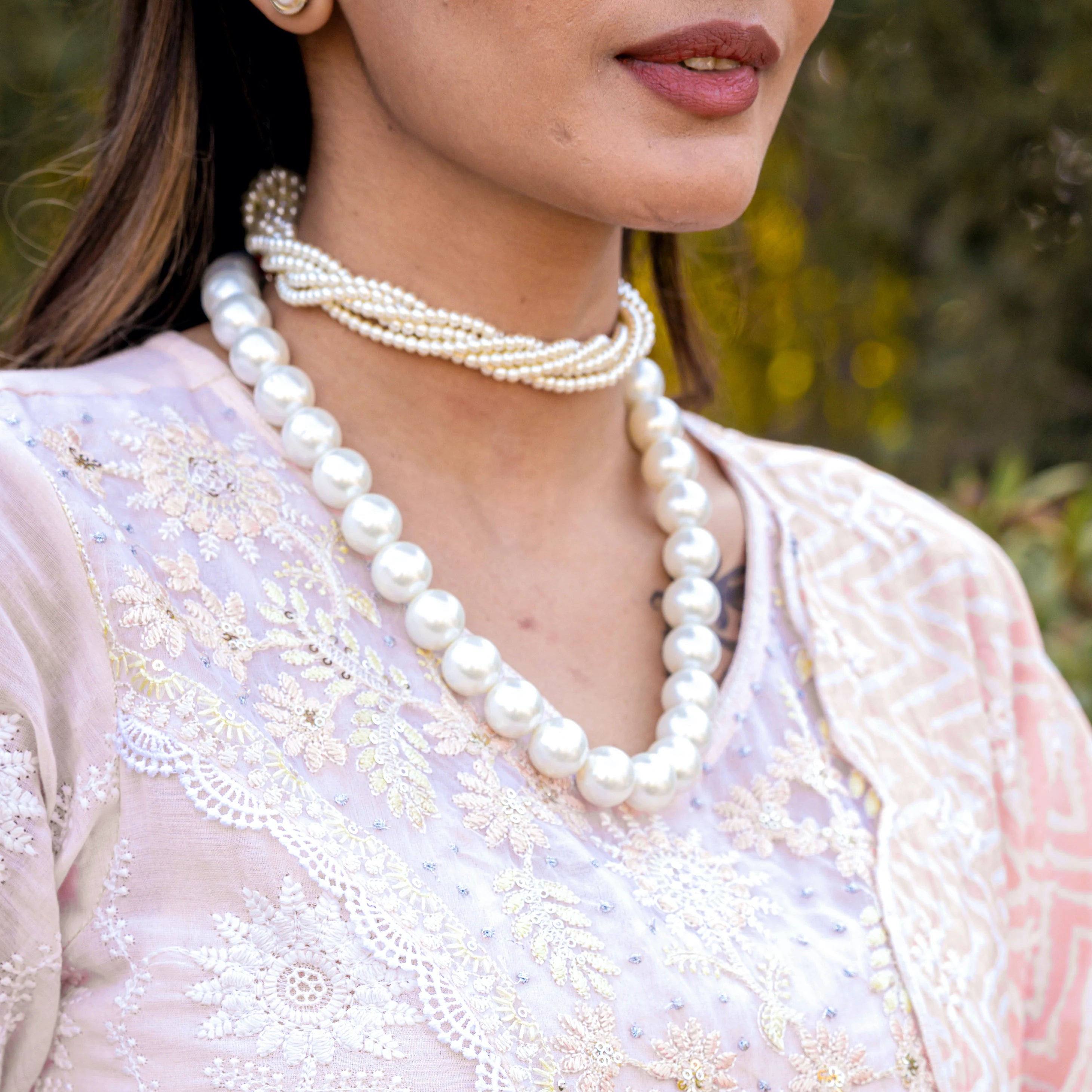 Multi Layered Pearl Choker and Long Pearl Necklace With Earrings