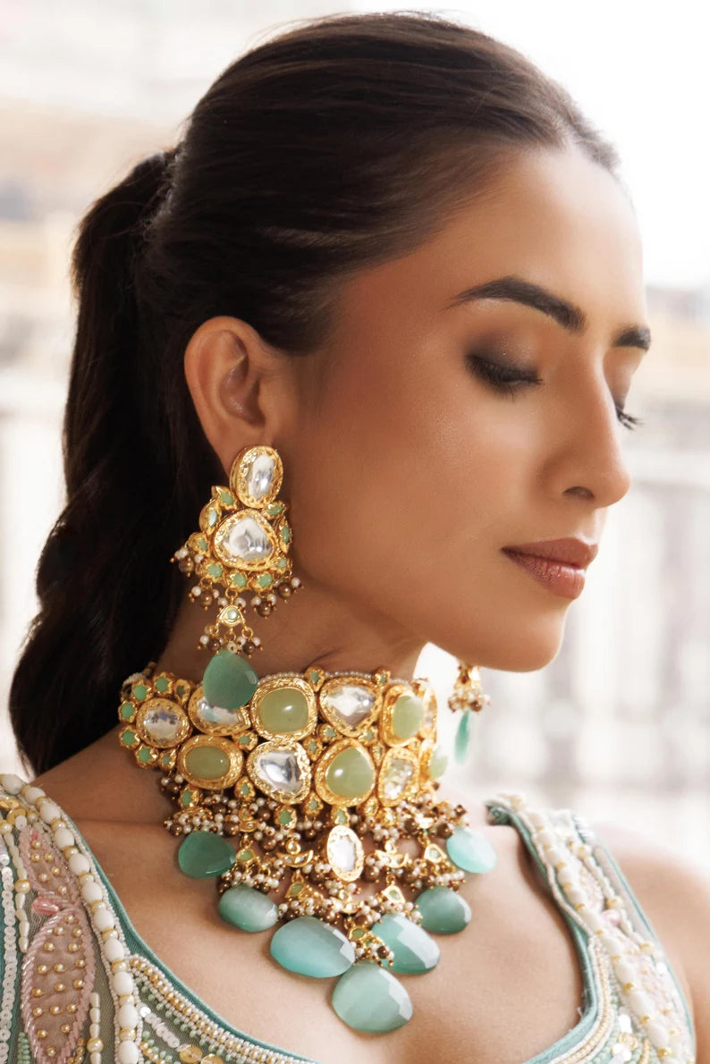 Green Kundan Polki Bridal Necklace Set With Earrings and Maang Tikka