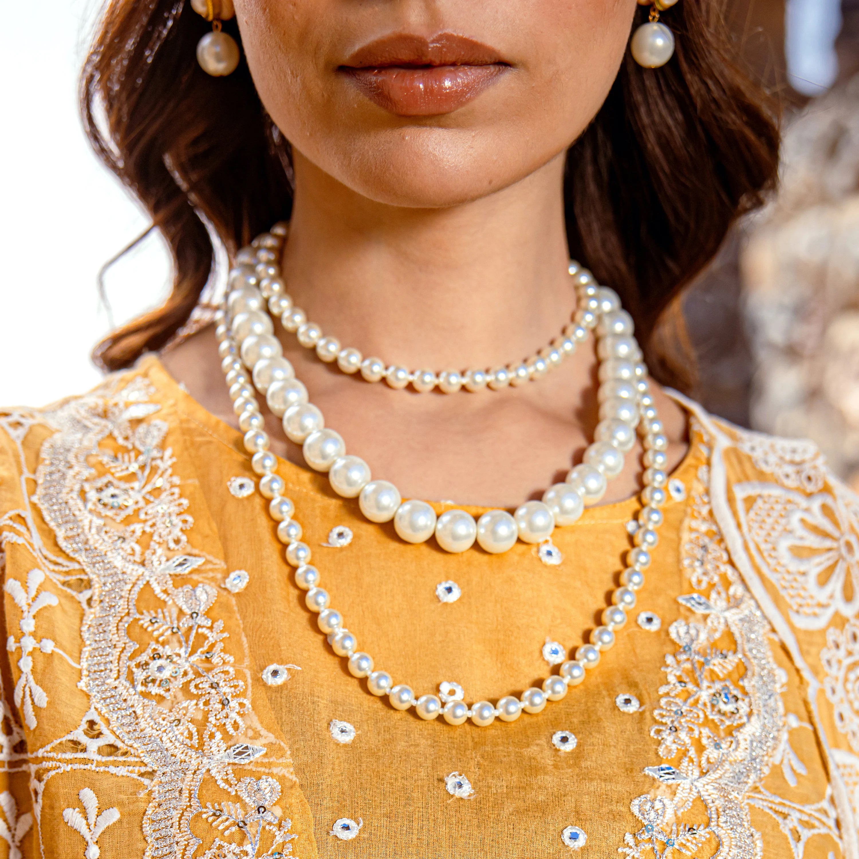 Three Layered Pearl Necklace With Earrings