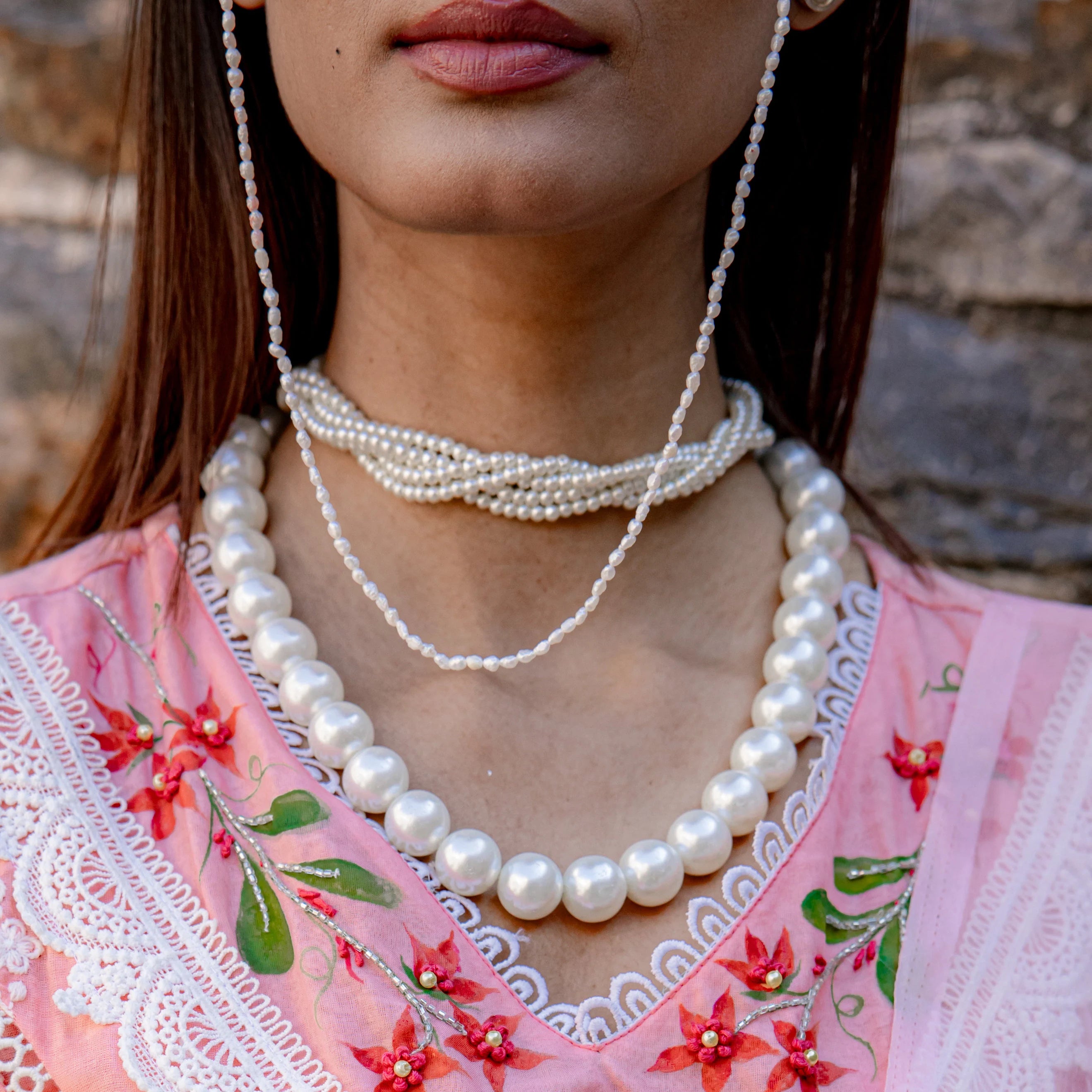 Multi Layer Pearl Choker and Necklace With Specs Holding Pearl Chain