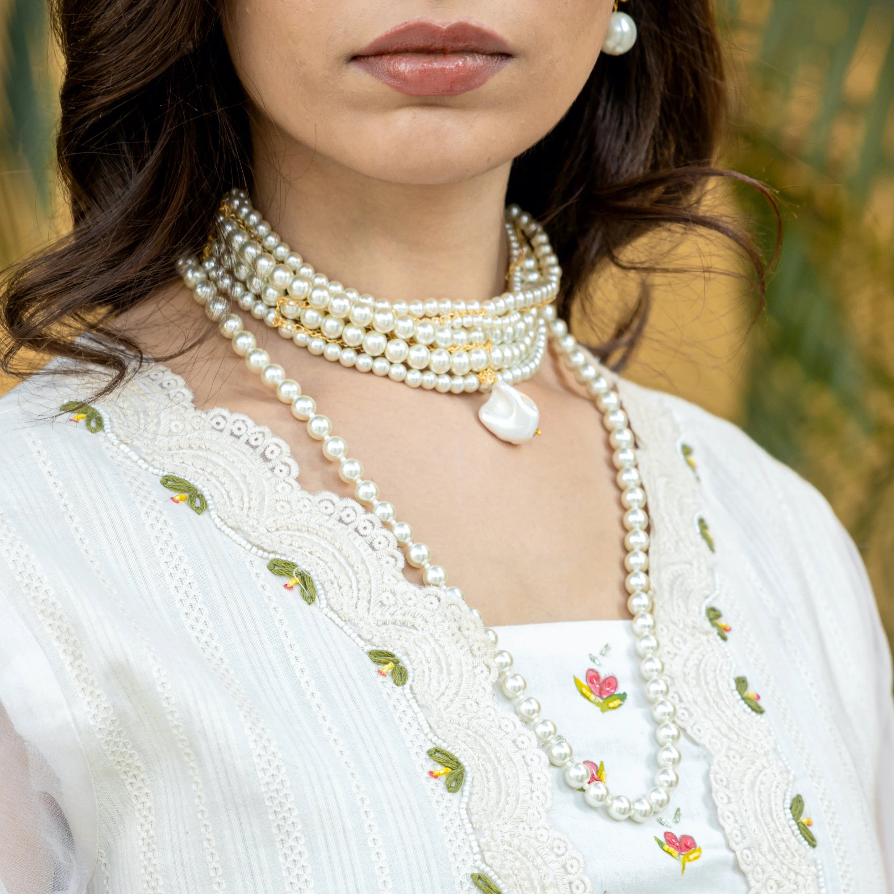 Multi Layer Pearl Choker and Necklace With Earrings