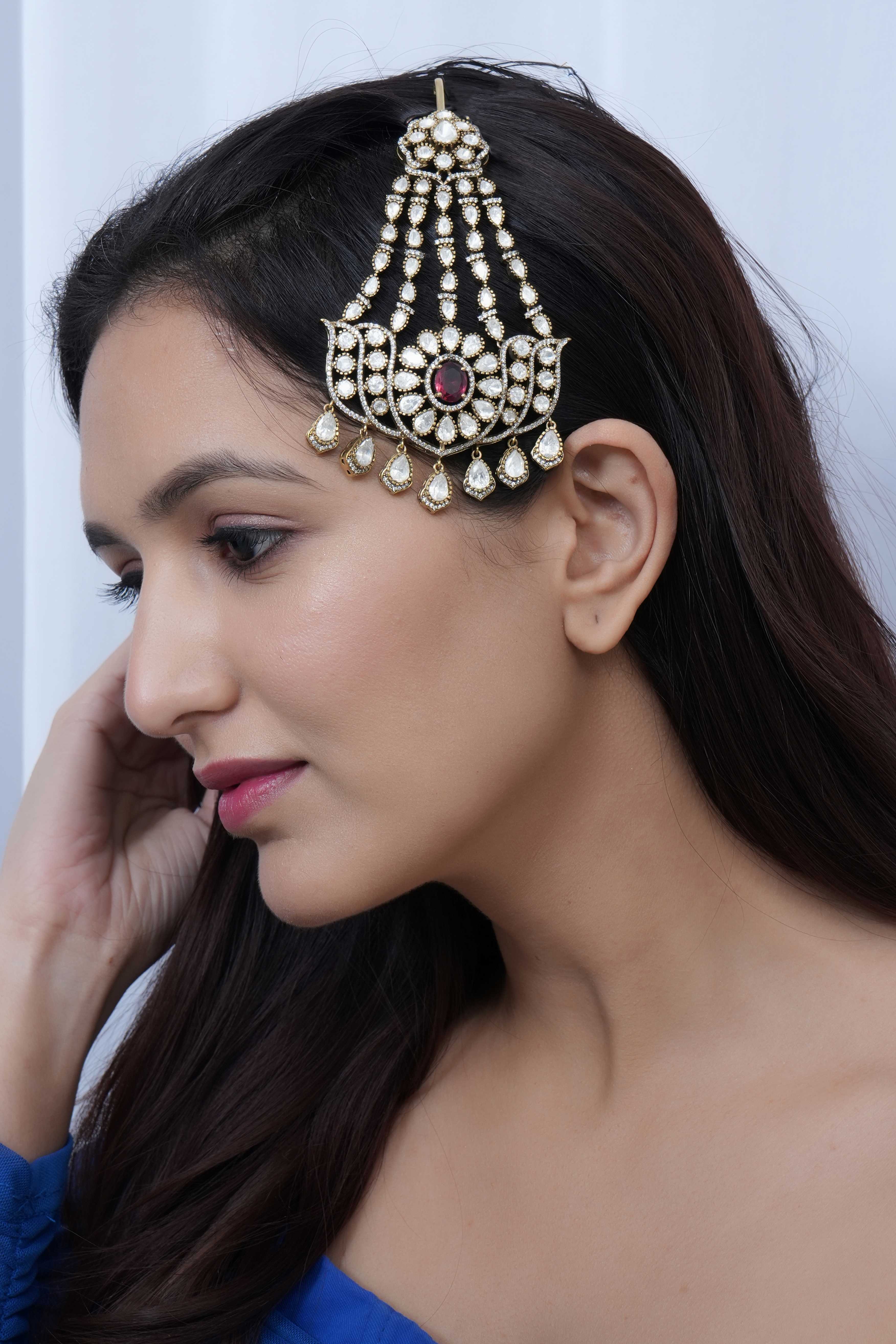 Premium Kundan Polki Bridal Red Stone Head Passa