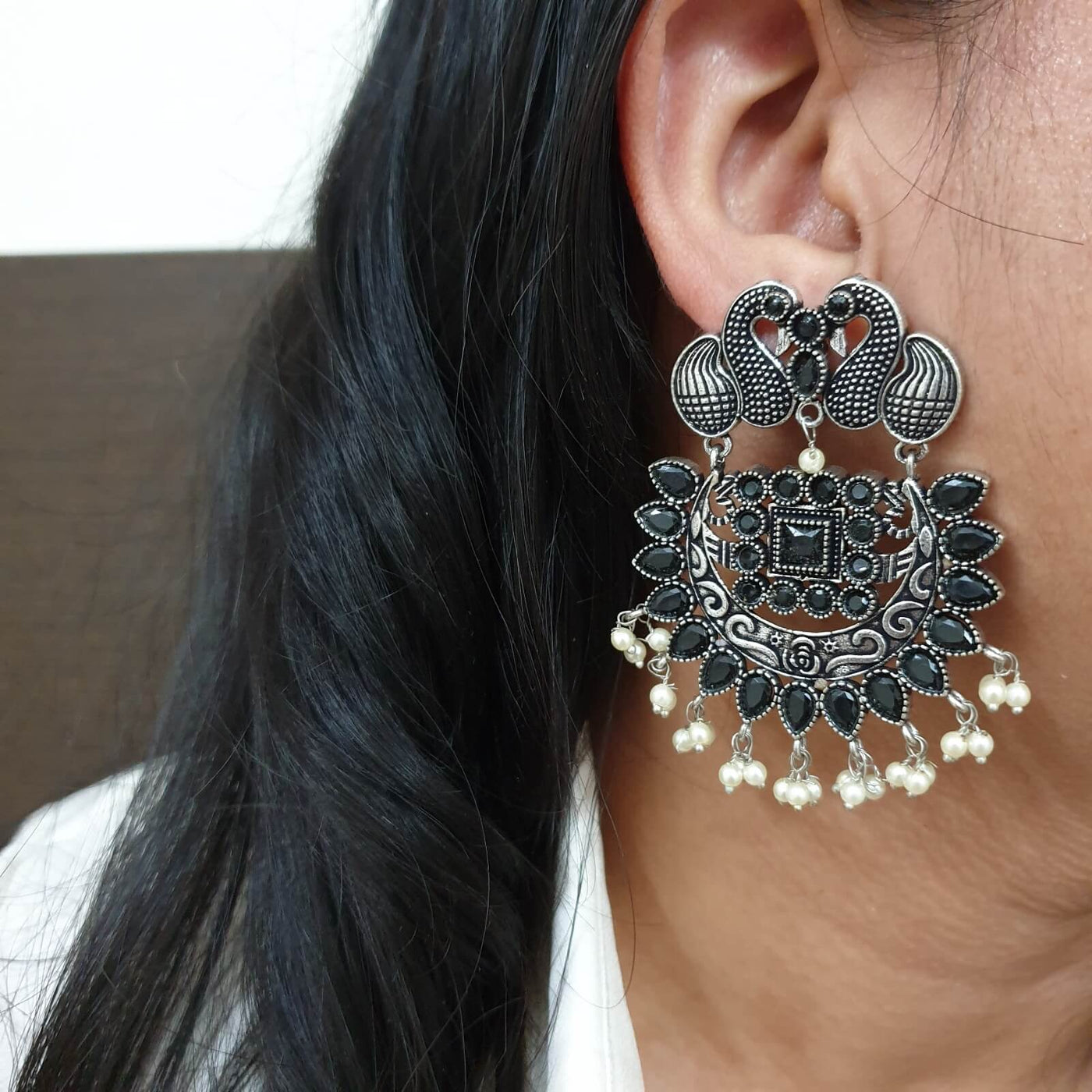 Peacock Design Black Stone Chandbali Earrings