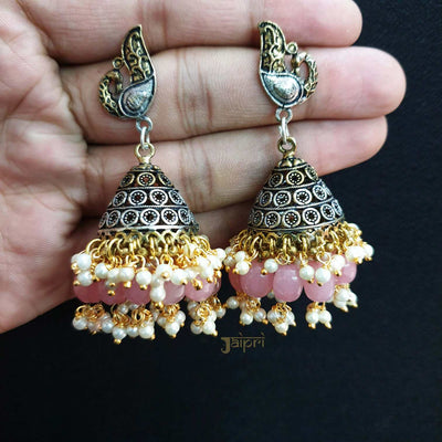 Adorable Peacock Design & Rose Quartz Stone Stud Jhumki