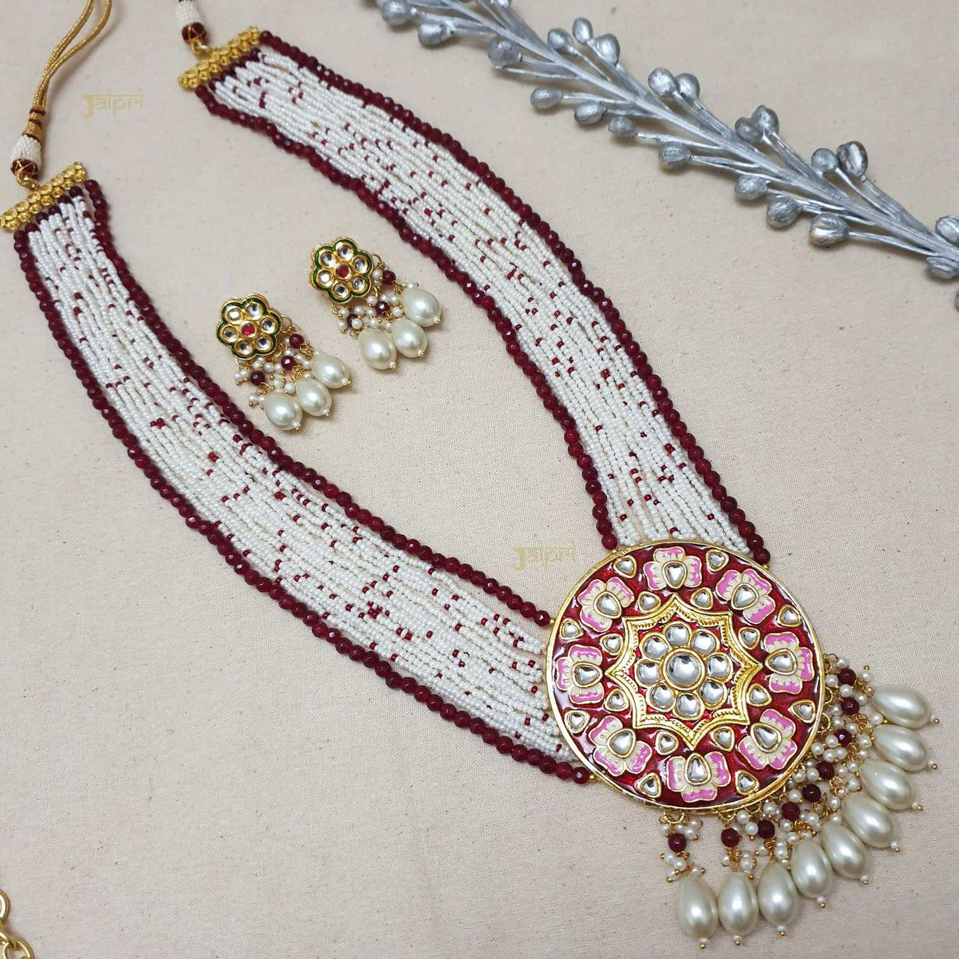 Designer Pearl Beads Stone Meenakari Pendant With Earrings
