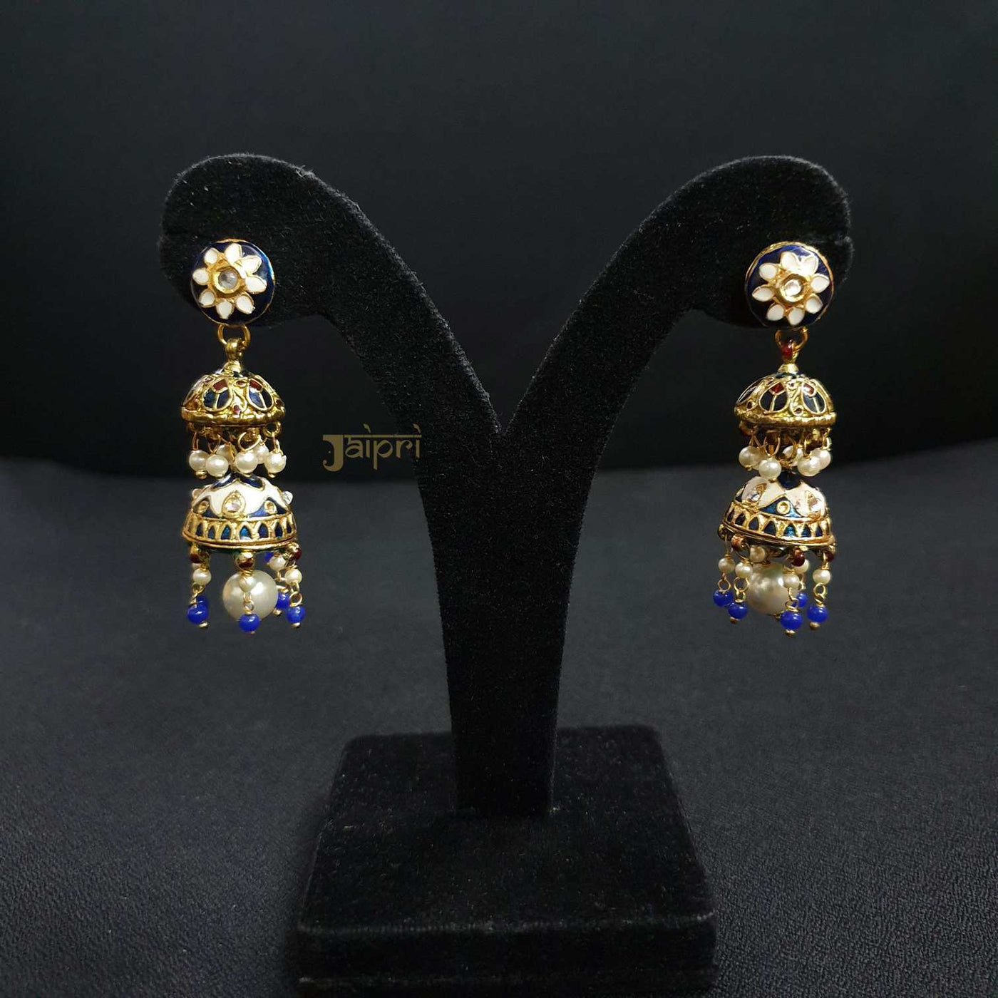 Pearl Beads & Blue Meenakari Floral Design Earrings