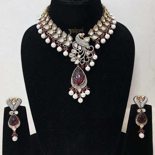 Beautiful Floral & Peacock Design Kundan Necklace With Earrings