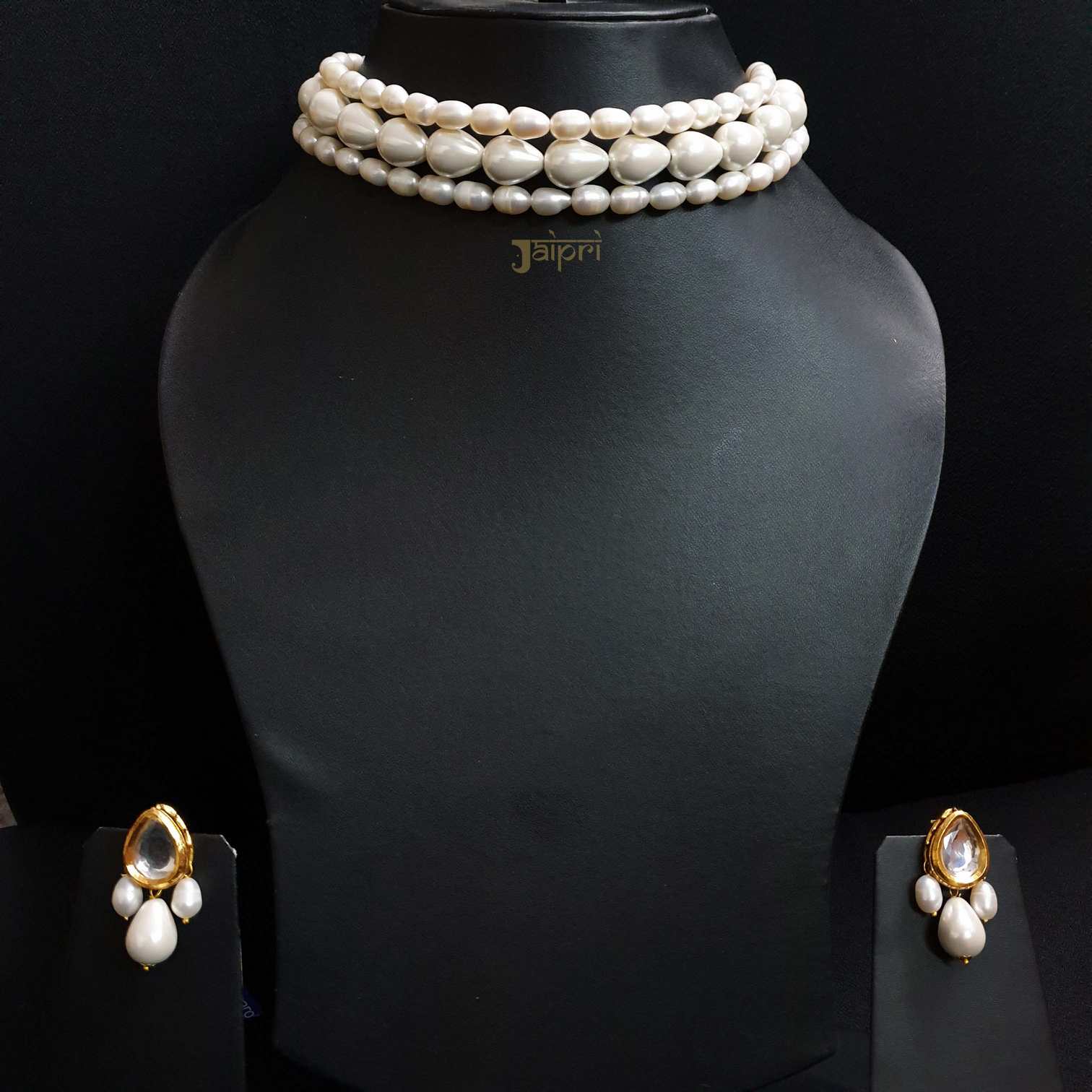 Tear-Drop Pearl Beads Stone Choker With Earrings